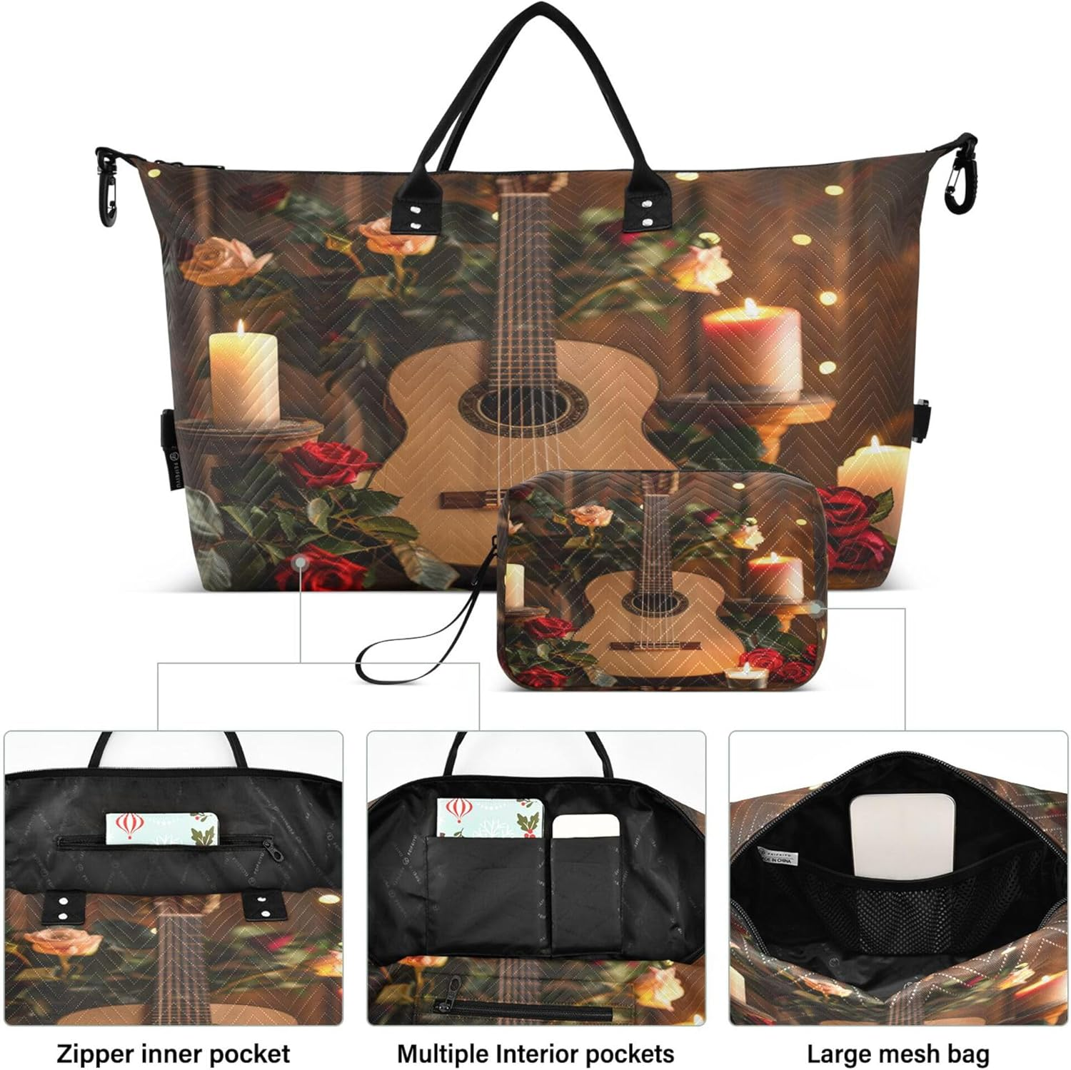 Large Travel Duffel Luggage Gym Tote Bag Carry on Weekend Bag with Adjustable Strap for Workout Multifunctional Vintage Style Guitar Roses Candles, Multi, One Size, Modern/Fitted, Multi, One Size, image number 5