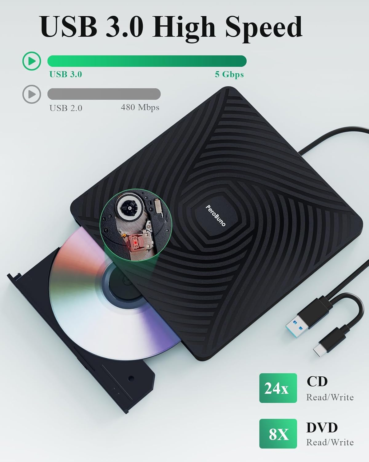 Perobuno External CD DVD Drive, USB 3.0 Type-C Optical Drive, 0.5-Inch Ultra-Slim Portable DVD CD ROM Disc Player Reader Writer Rewriter Burner Recorder for Laptop PC Macbook Windows Linux Mac OS image number 4
