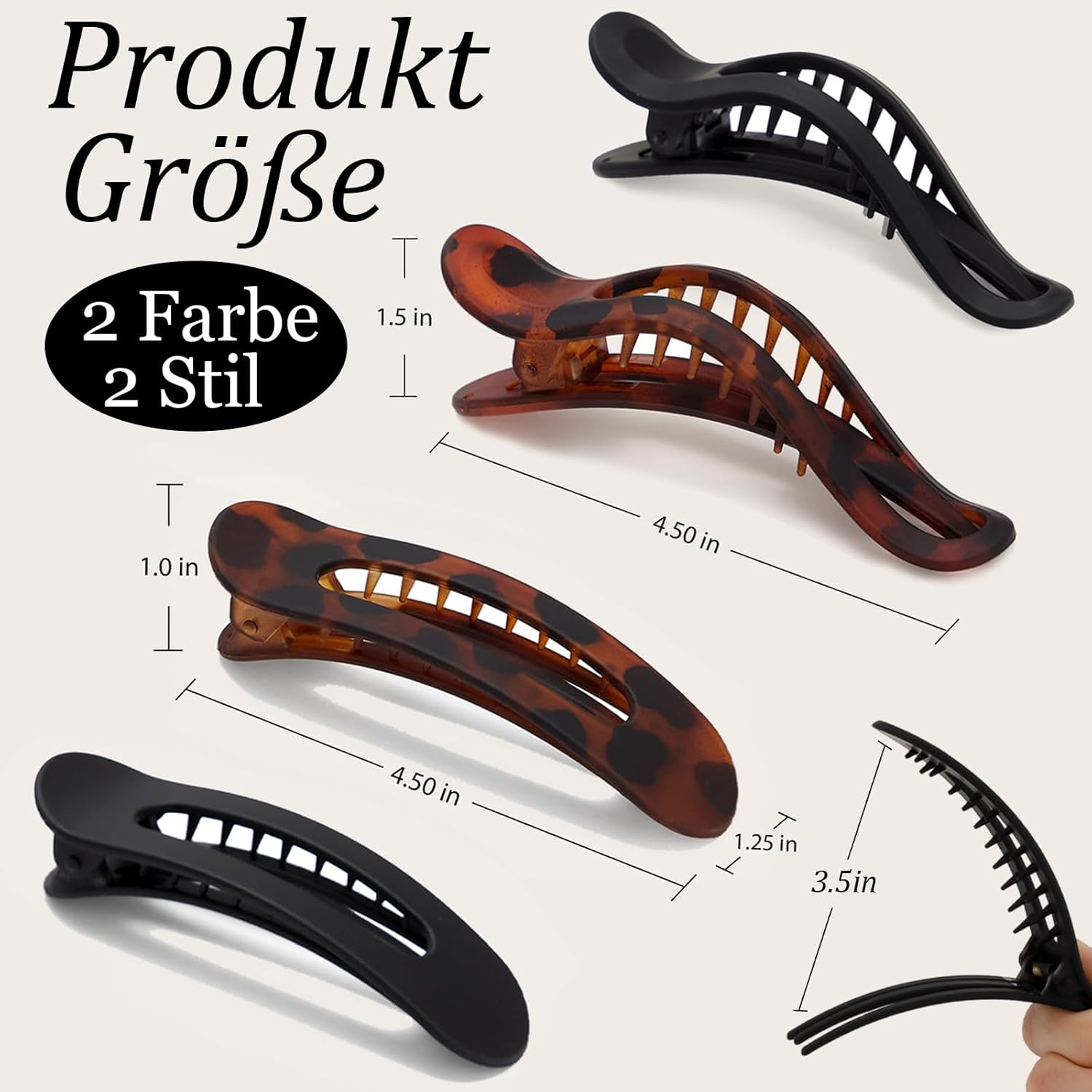 Flat Hair Clip, Set of 4 French Hair Clips in 2 Styles, Strong Hold, Non-Slip Hair Clip, Flat for Women, Thin Hair, Thick Hair for Creating Hairstyles (Black Amber)