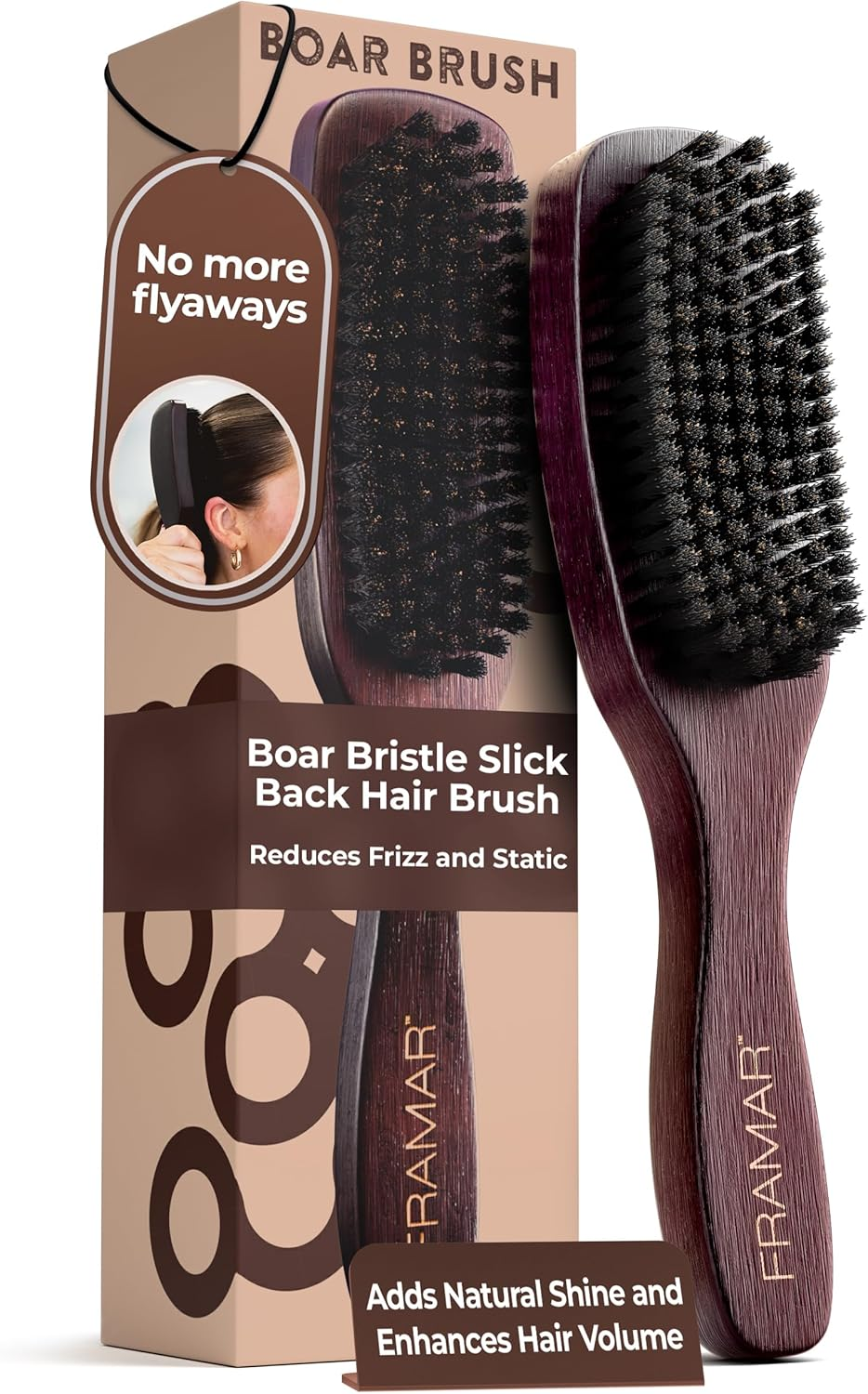 FRAMAR Slick Back Hair Brush Boar Bristles &ndash; Slick Back Brush, Smoothing Hair Brush for Women, Boar Bristle Hair Brush for Fine Hair, Slickback Brush for Volume and Shine - Brown Velvet image number 1