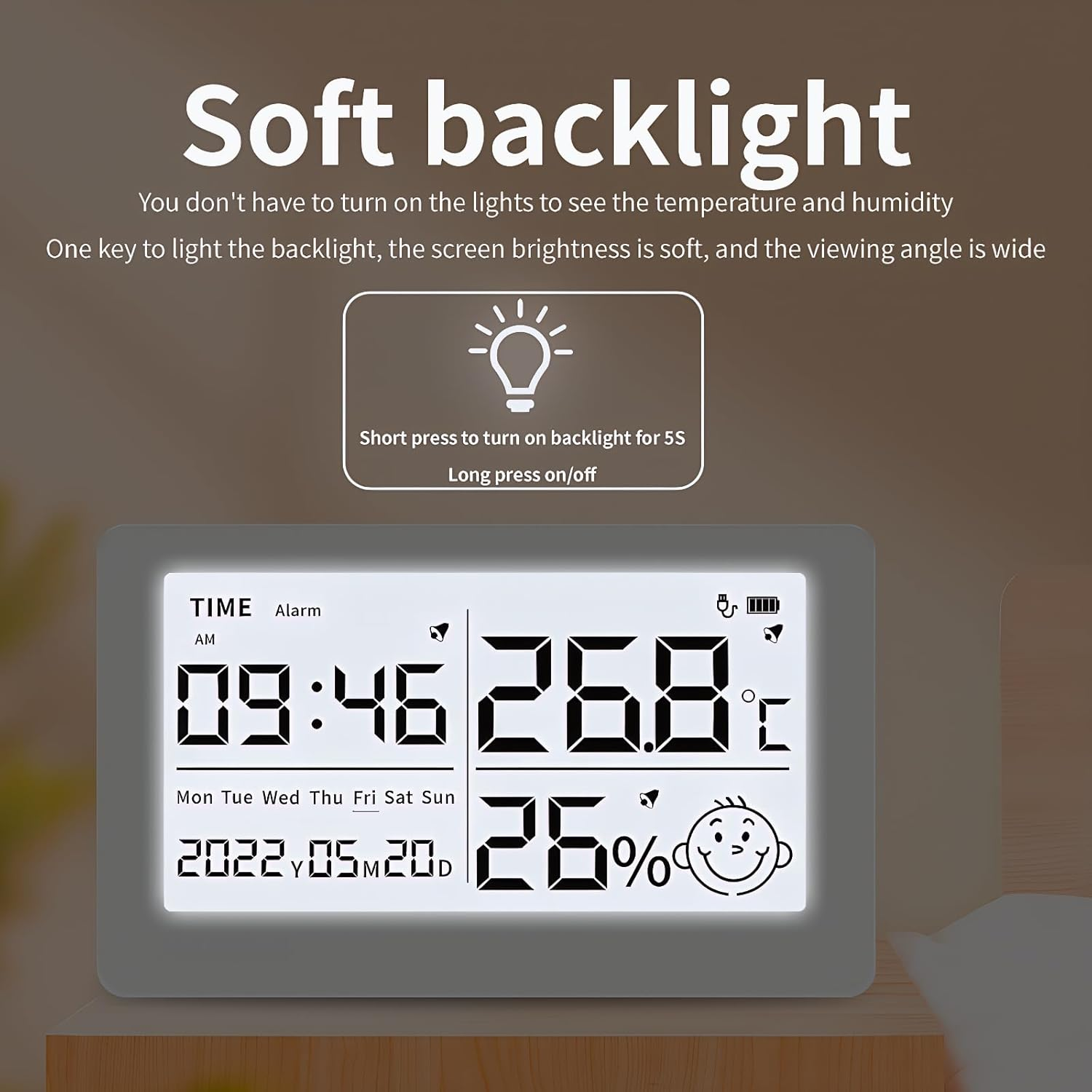 Mengshen Digital Hygrometer Rechargeable Indoor Thermometer with Alarm Clock Date Display Comfort Level Icons for Home Baby Room Wall/Mountable
