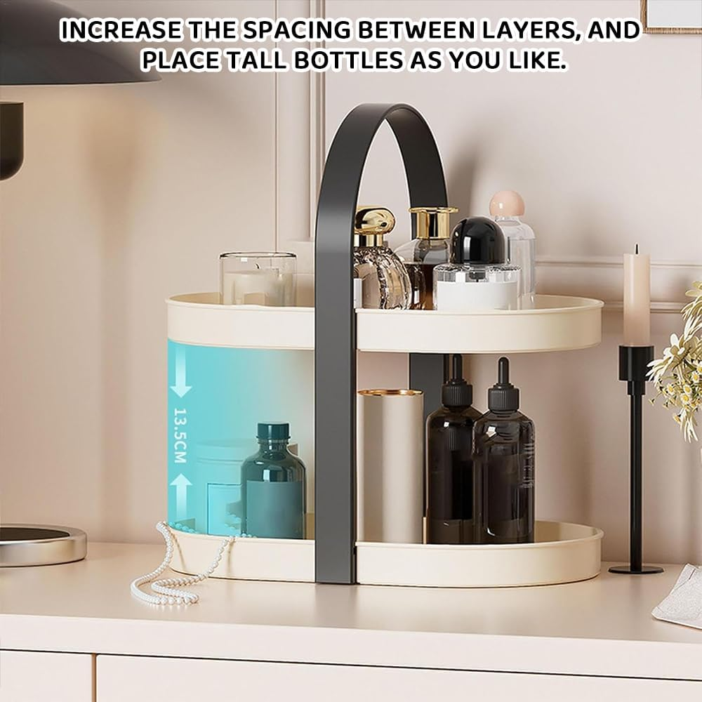 Ranqisys Double-Layer Oval Cosmetic Storage Rack, Plastic Vanity Organizer for Skincare, Perfume & Jewelry, Portable Countertop Makeup Shelf with Handles, Space-Saving for Bathroom, Bedroom, or Office