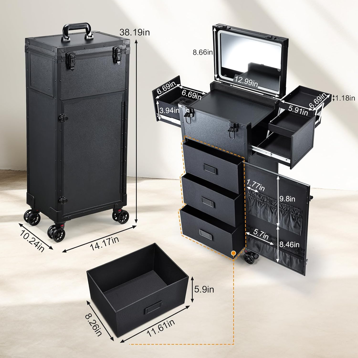 Rolling Makeup Case with LED Mirror, Cosmetology Case on Wheels with Lighted Mirror, Professional Salon Trolley Cart with 3 Drawers,Travel Makeup Lockable Beauty Organizer with Live Stream Light image number 6