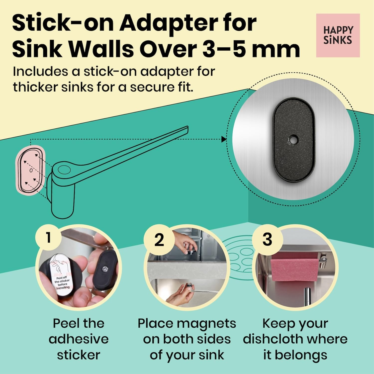 HAPPY SINKS Magnetic Dish Cloth Holder for Kitchen Sink - Works on Steel, Metal Sinks - Dish Rag Hanger with Strong Magnetic Backing Durable and Sustainable Kitchen Solution (Composite) image number 3