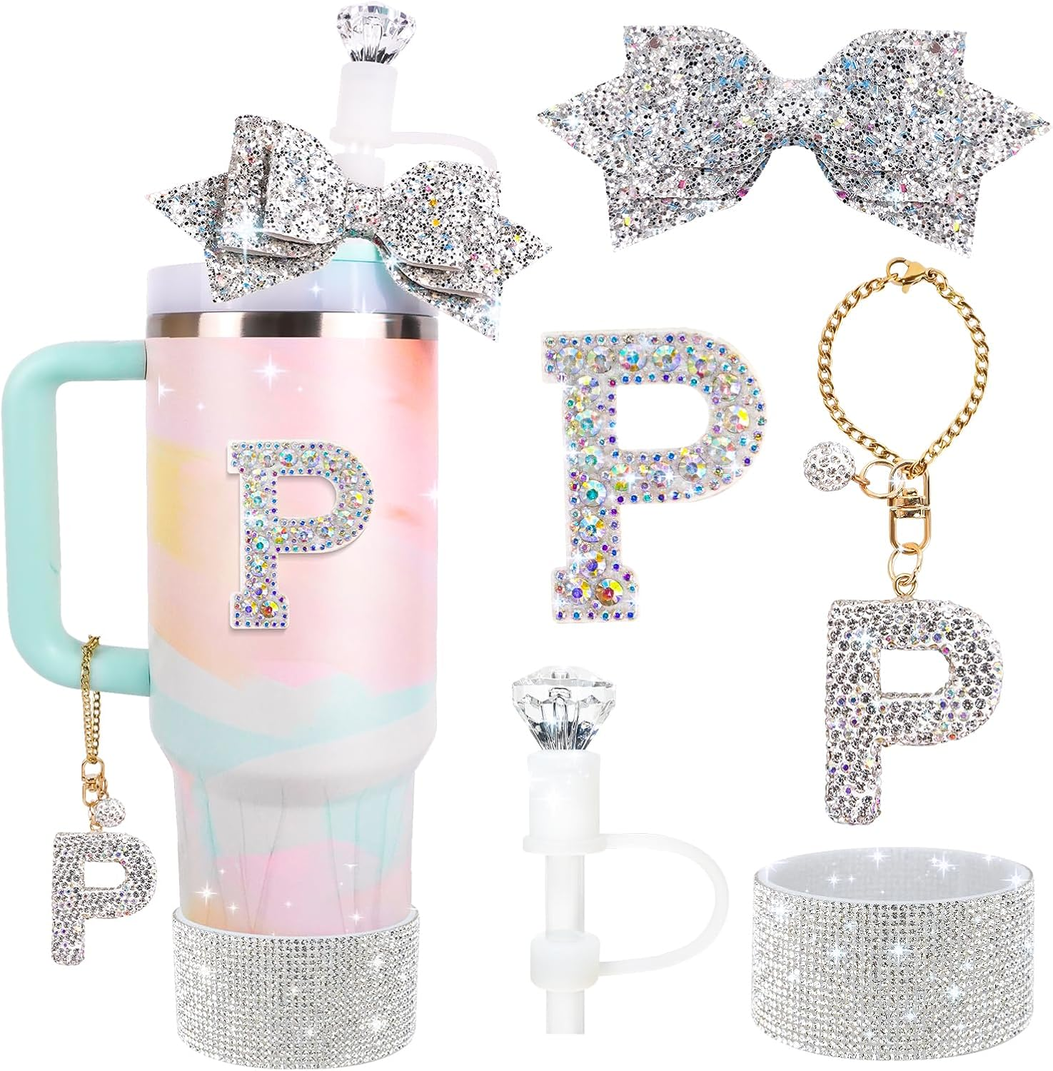 Water Bottle Accessories Set for Stanley Cup 30Oz 40Oz, Bling Letter Charms, Diamond Straw Cover, Glitter Silicone Boot, Personalized Sticker, Bow Straw Topper for Stanley Cup Accessories (G) image number 4