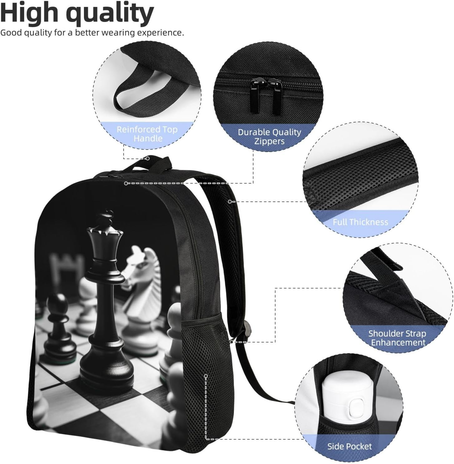 FJWSLCH Black and White Chess Backpack for Women Men Laptop Backpack 16.1 Inch Computer Bag Casual Daypack for Travel, Black, One Size, Travel Backpacks