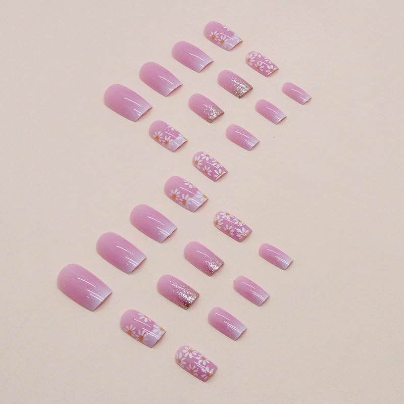 24 Pieces French Press on Nails Short Square Artificial Nails Pink Ombre Glitter Gold Fingernails for Sticking White Flower Glue Nails Set Acrylic Nail Tips Women Spring Summer Nail Accessories image number 2