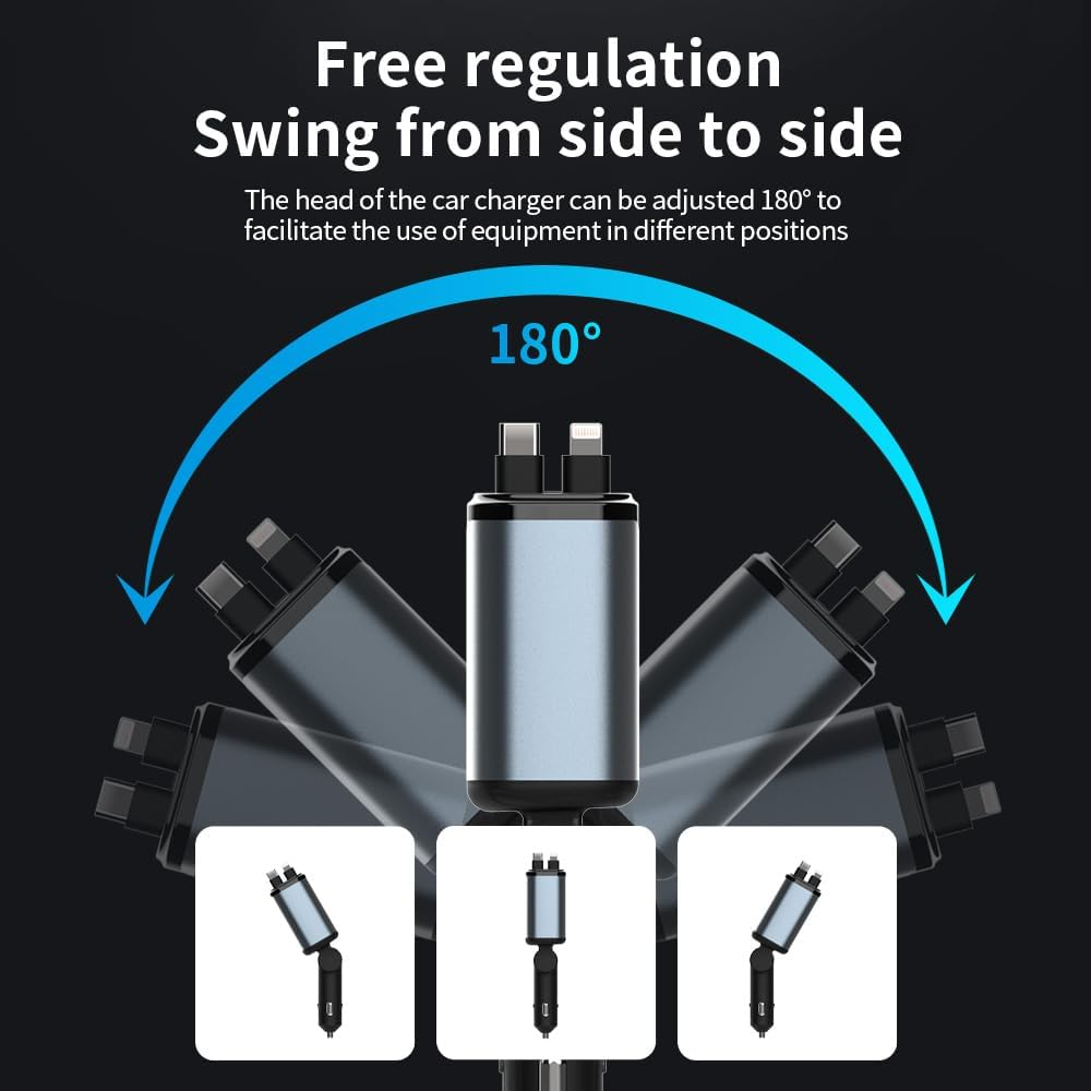 BFIRDEBTS 4-In-1 Retractable Car Charger,120W USB-C/USB-A with PD & Qc3.0 Fast Charging,Starlight Ledlight-Compatible with Phones,Tablets In-Car Use &Travel image number 3