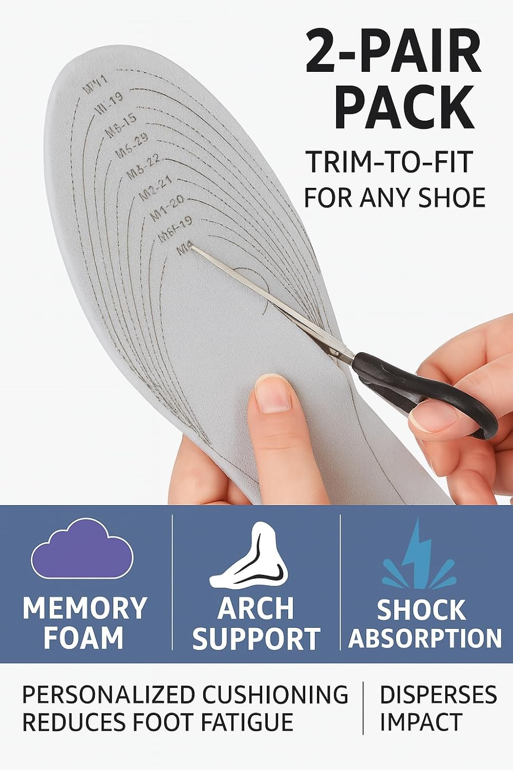 Memory Foam Insoles &ndash; 2 Pairs | Trim-To-Fit Inserts for Men & Women | Arch Support, Shock Absorption & Foot Pain Relief | All-Day Comfort for Work Boots, Sneakers & Shoes image number 1