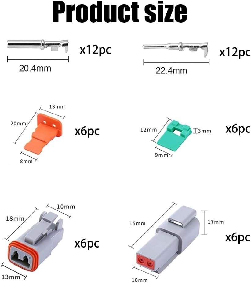 Paifeancodill 2 Pin Deutsch DT Connector Kit, IP68 Waterproof Electrical Automative DT Connectors Kit with 12Pairs Size 16 Stamped Contacts 16-18 AWG, for Car Truck Boat, 6 Sets image number 2
