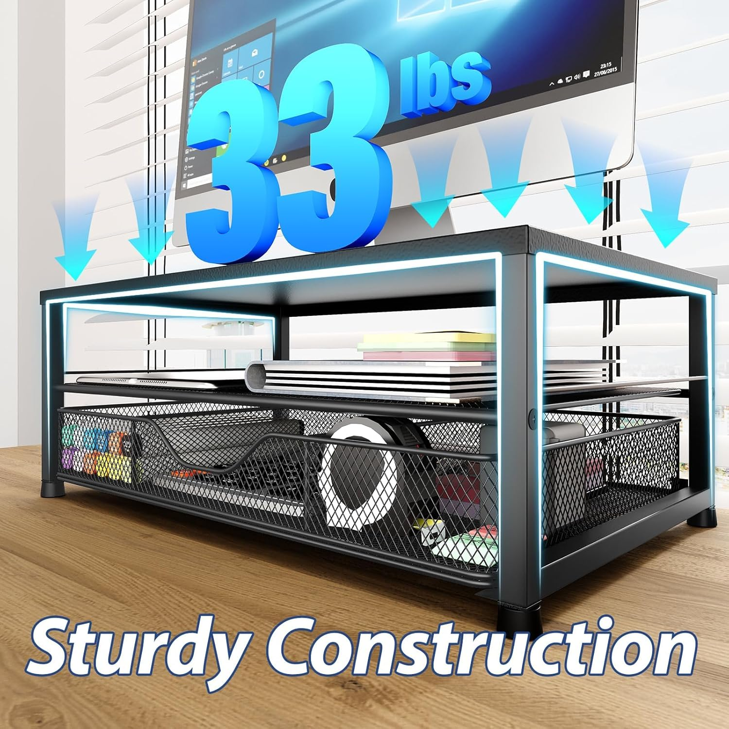 Desk Organizer and Accessories, 2-Tier Computer Monitor Stand Riser with Drawer and 2 Pen Holders, Office Desk Accessories for Office Supplies ，Black image number 5