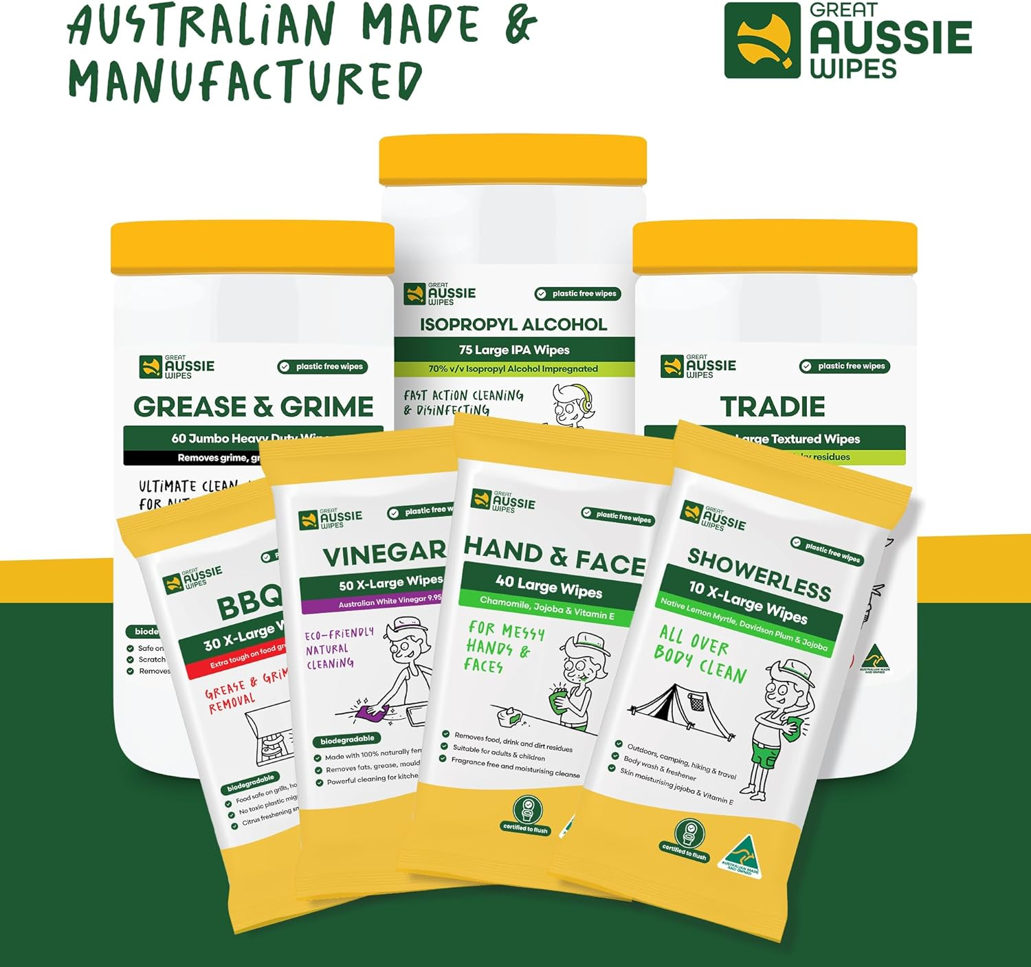 Great Aussie Wipes SHOWERLESS Body Wipes, Disposable Washcloths for Adults, No-Rinse Shower Wipes for Camping, Hiking, Travel, Skin Moisturising & Flushable - 10 Pack XL image number 4