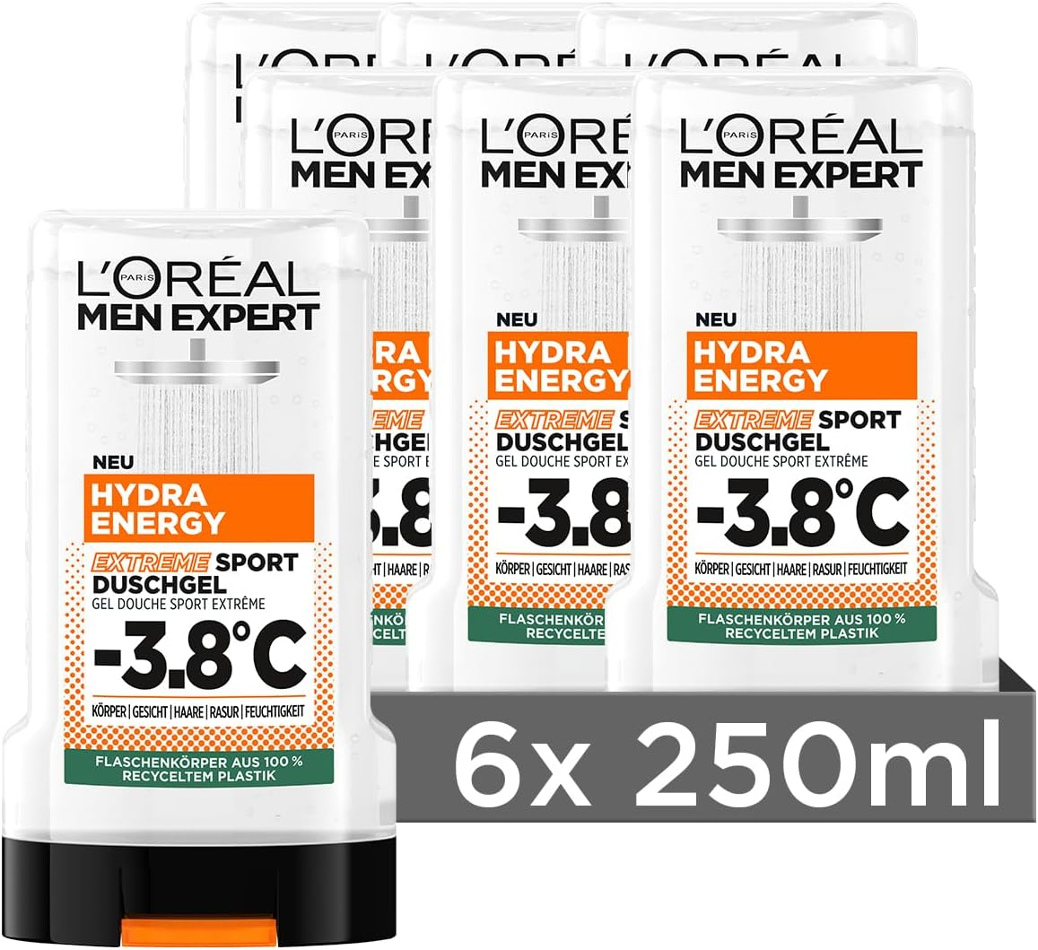 L'Or&eacute;al Men Expert Hydra Energy Extreme Sport Shower Gel for Men for Cleansing Body, Hair and Face 6 X 250Ml