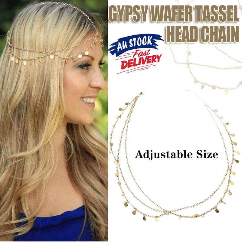 AIMALL Boho Layered Gold Tassel Pendant Head Chain for Women and Girls, Gypsy Sequin Forehead Headpiece for Festivals, Halloween, Proms, and Costume Jewelry image number 3