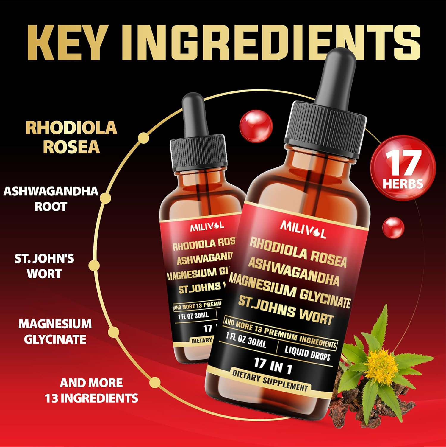 17In1 Rhodiola Rosea Tincture W.Ashwagandha Magnesium L-Theanine. Ultra Strength Rhodiola Cortisol Supplement for Relaxation, Mood, Energy - 60 Day Supply image number 4