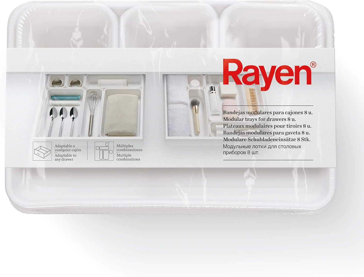 Rayen Modular Tray for Drawers, 8 Units, White, Measurements: 3 Units: 8 X 7.5 X 4.5 Cm / 3 Units: 23.3 X 8 X 4.5 Cm / 2 Units: 23.5 X 16 X 4.5 Cm image number 2
