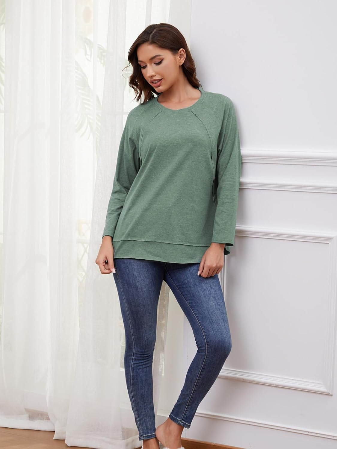 Ecavus Women'S Nursing Shirts for Breastfeeding with Zipper Long Sleeve Defined Seams Comfortable Breastfeeding Shirts image number 3