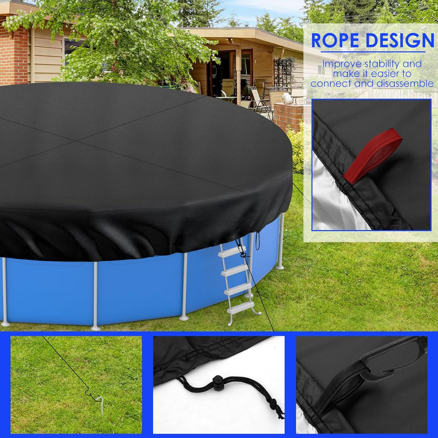 Fxvhojq round Pool Cover with Drawstring Design Sturdy 210D Oxford Cloth Inground Pool Cover Protector for Waterproof and Dustproof(Black,12 Feet) image number 2