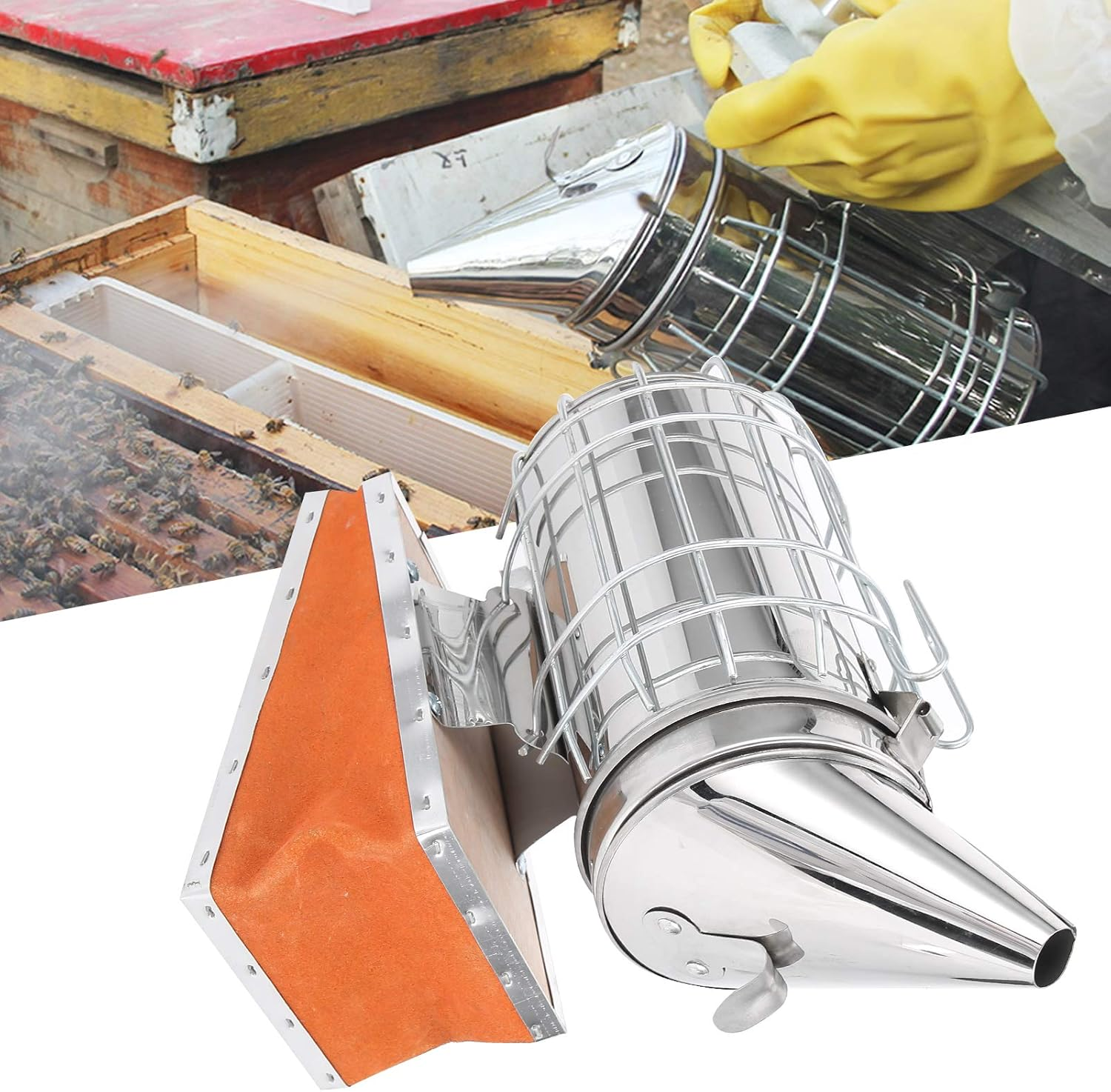 Stainless Steel Beekeeping Smoker, Large Pro Bee Smoker with Red Cowhide Smoke Storage Part, Mounting Hook, Easy to Carry and Store, Beekeeping Equipment for Beekeeper image number 1
