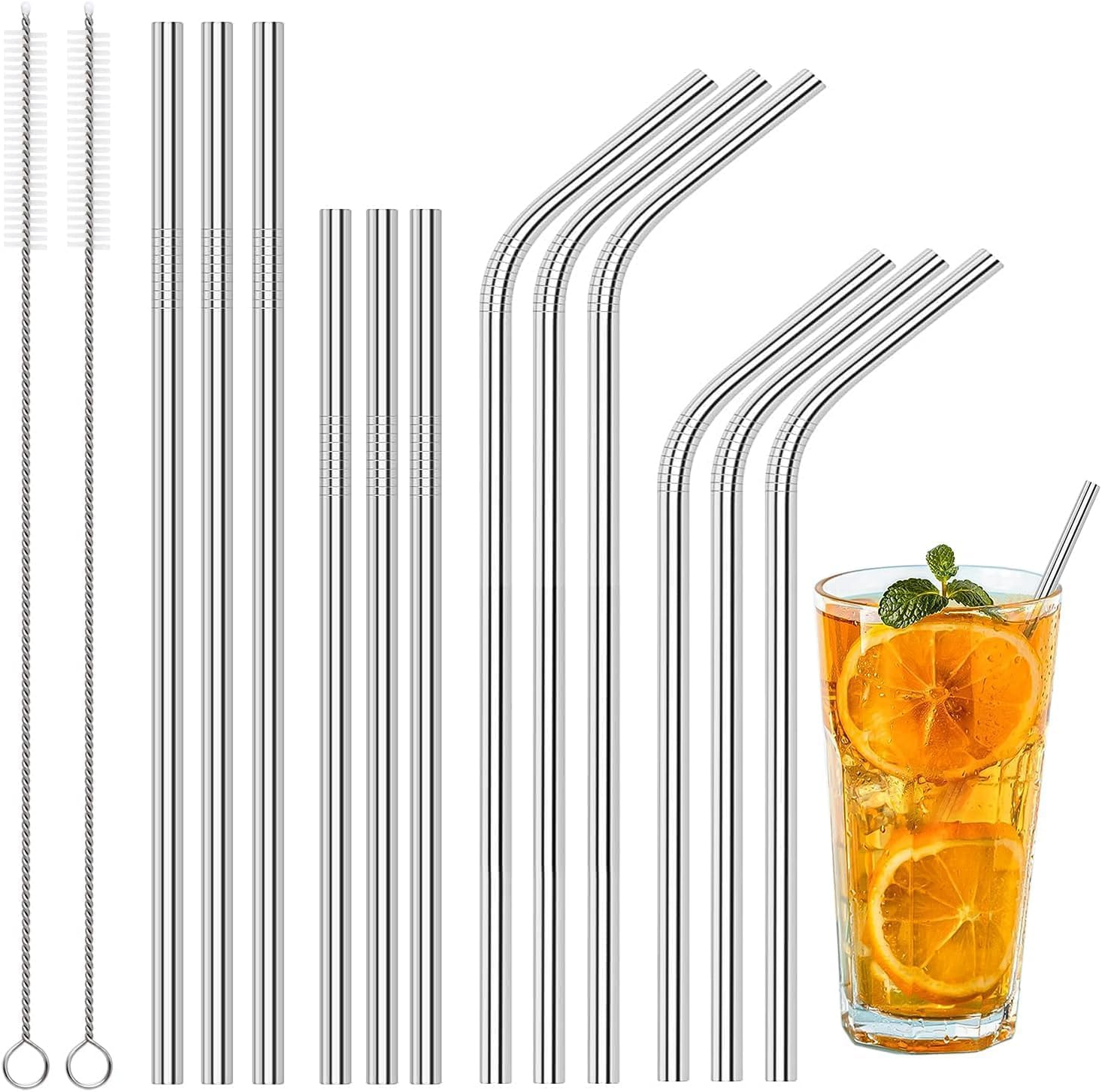 12-Pack Reusable Stainless Steel Metal Straws with Case - Long Drinking Straws for 30 Oz and 20 Oz Tumblers Yeti Dishwasher Safe - 2 Cleaning Brushes Included