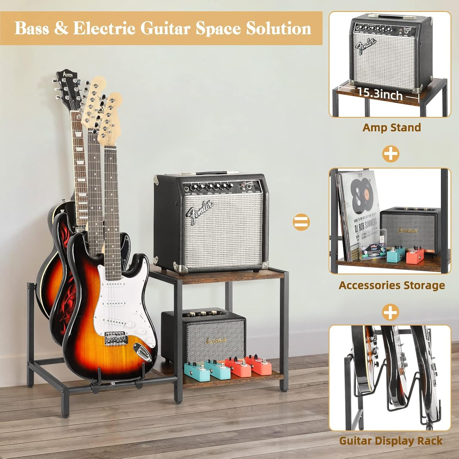 Guitar Stand for Electric Guitar and Bass,3 Guitar Stand Floor with Guitar Amp Stand,Guitar Rack for Multiple Guitars, Guitar Accessories, Adjustable Guitar Holder, Guitar Display for Music Studio image number 3