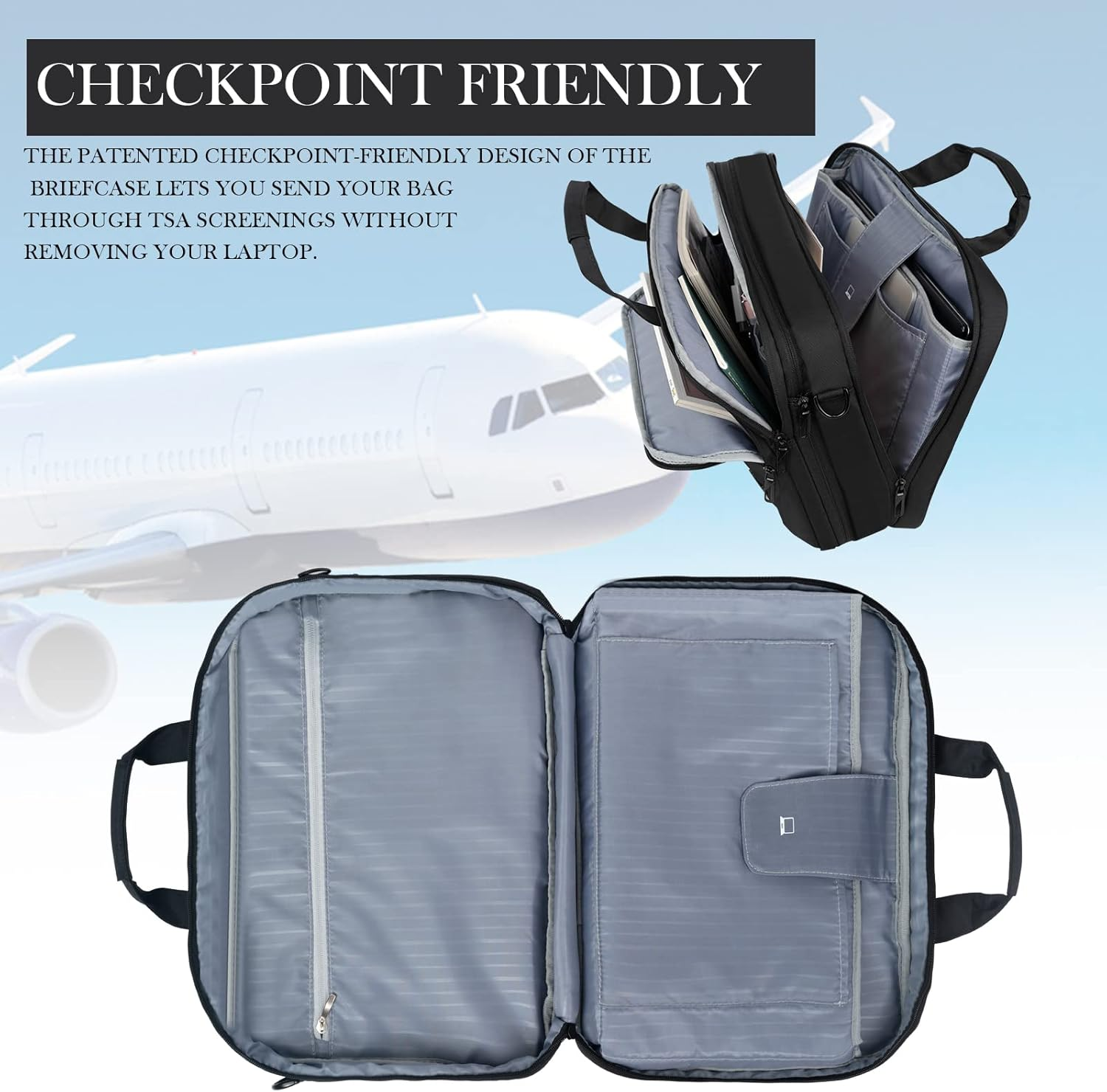 EMPSIGN Laptop Case Briefcase, 17.3 Inch Laptop Bag Expandable Messenger Bag for Men & Women Water Repellent, RFID Blocking Shoulder Bag Canvas Bag-Black image number 6