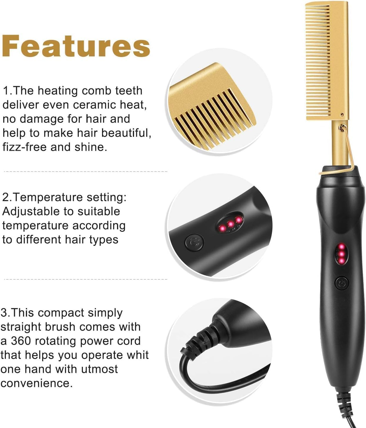 Electric Heat Comb/Hair Straightener with AU Plug, Ceramic Pressing Comb, Portable Curling Iron, High Heat, Auto Shut-Off image number 2