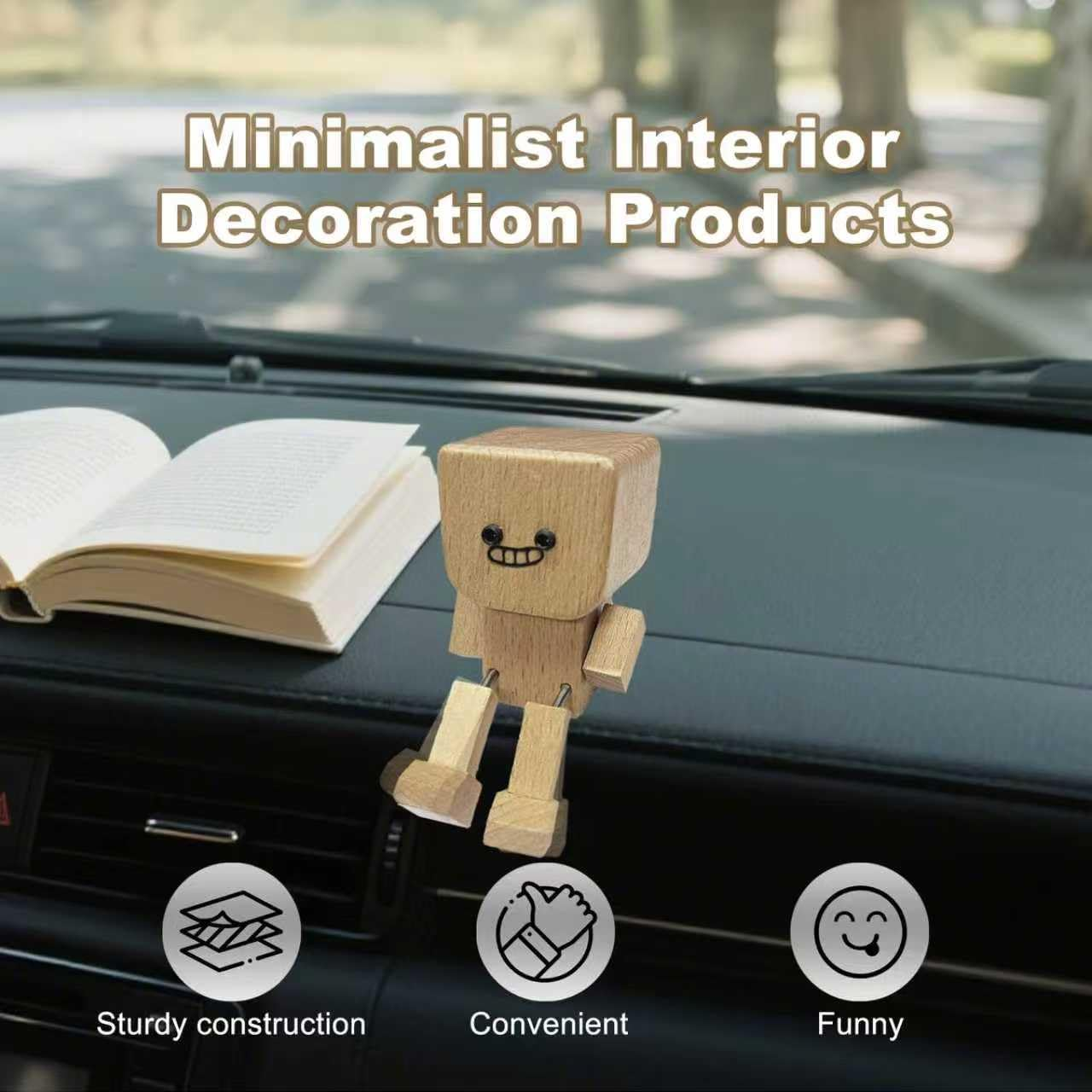 Shaking Wooden Man Figurine for Car Dashboard, Shaking Feet Wooden Doll with 12PCS Magnetic Expressions, Handmade Creative Wood Desktop Decor image number 1
