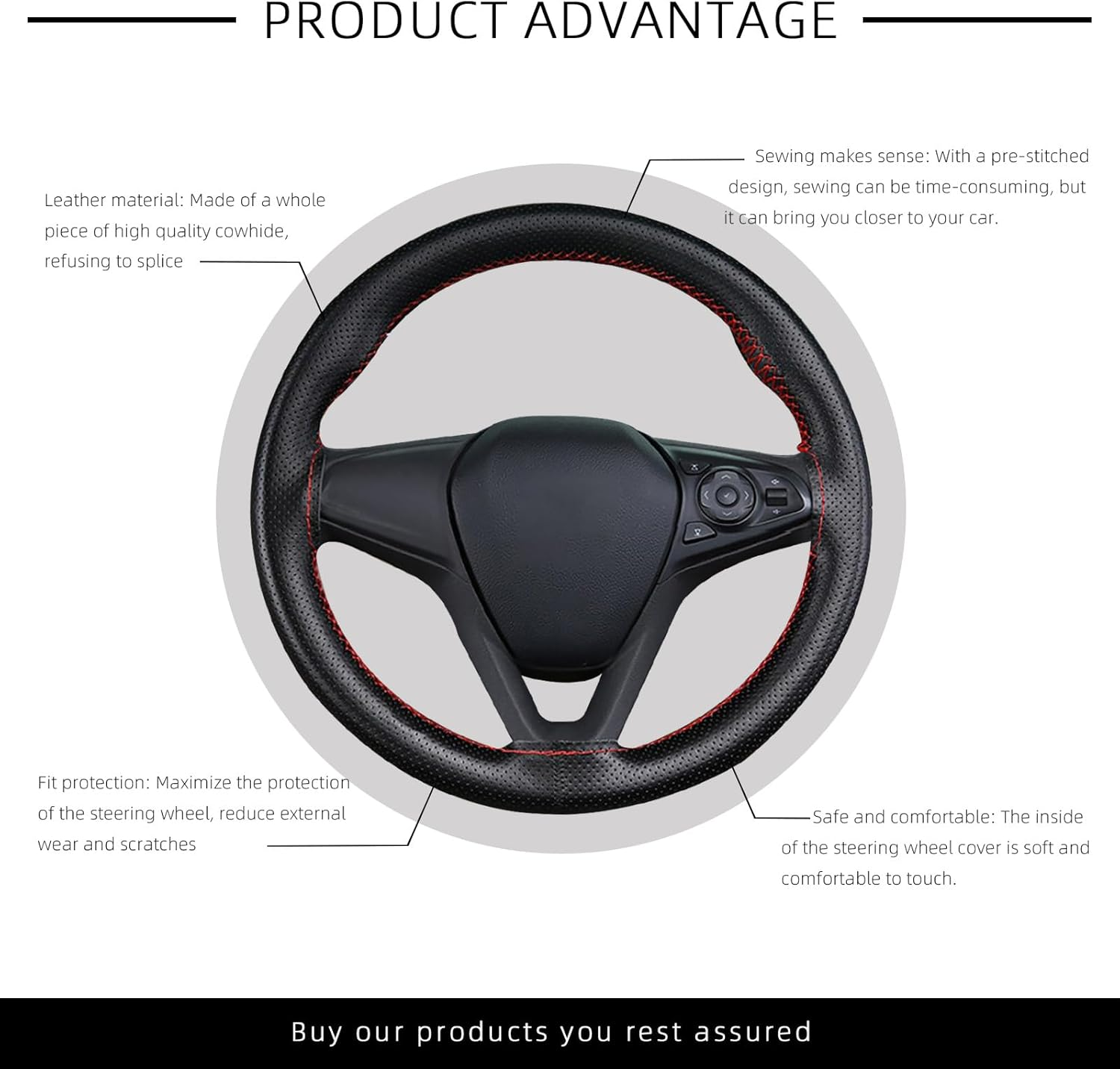 Micro Fiber Leather Steering Wheel Cover, DIY Sewing with Needle & Thread, Breathable Anti-Slip Car Steering Wheel Protector, Universal 15 Inch Auto Steering Wheel Stitch on Wrap (Coffee, Full Hole)