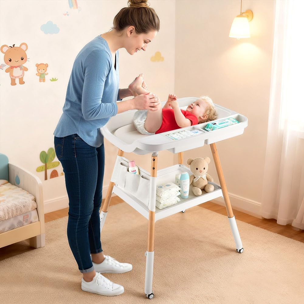 Playpals Baby Changing Table with Wheels, Adjustable Height Diaper Changing Station with Waterproof PU Pad & Storage Organizer, Beech Wood Mobile Nursery Change Table for Newborn & Infant image number 4