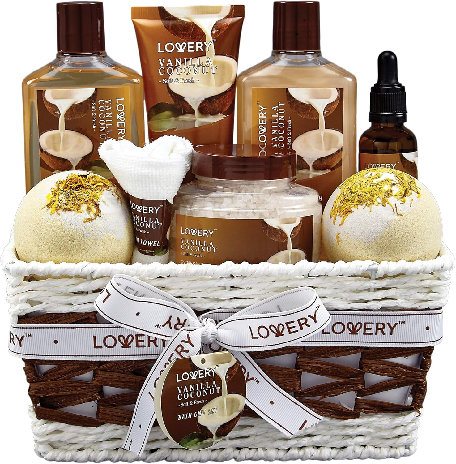 Bath and Body Gift Basket for Women and Men - 9 Piece Set of Vanilla Coconut Home Spa Set, Includes Fragrant Lotions, Extra Large Bath Bombs, Coconut Oil, Luxurious Bath Towel & More image number 2