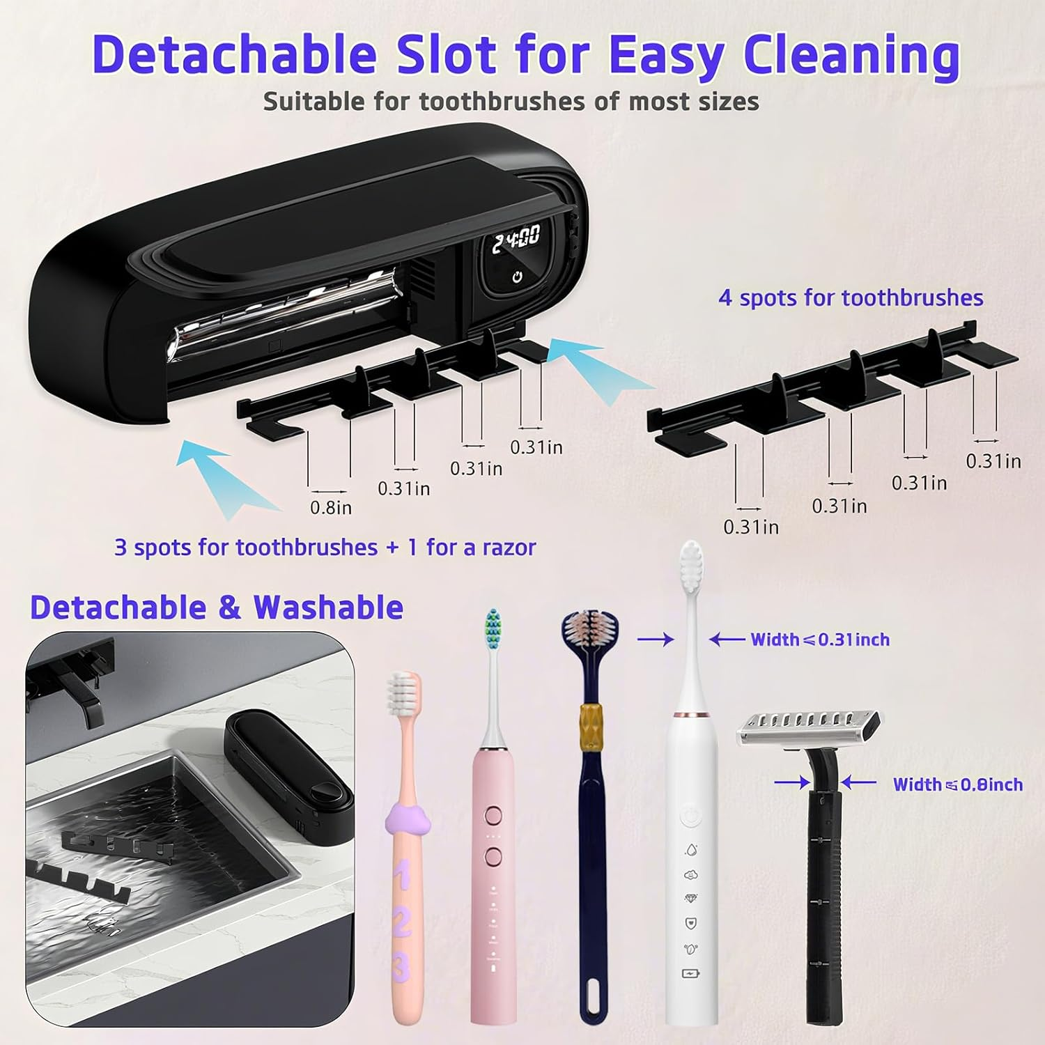 Toothbrush Sanitizer and Holder, UV Toothbrush Holder with Air Drying Function, Rechargeable LED Tooth Brush Holder Wall-Mounted for Bathroom, Timer Function, No Drilling, 4 Slots (Black) - Black image number 3