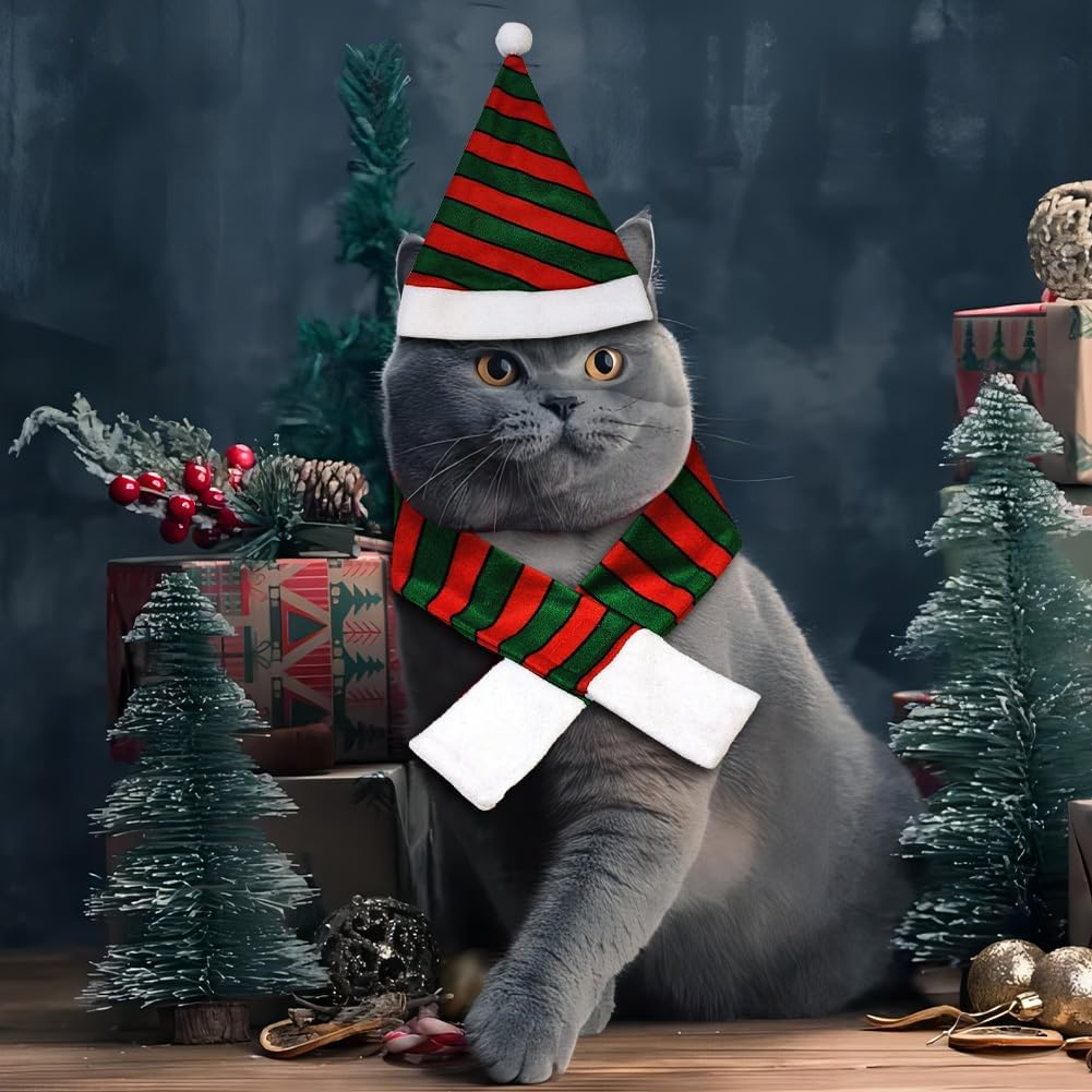 PLUSHCEWT Pack of 4 Pet Christmas Costume Mini Christmas Hat and Scarf Dog Cat Christmas Accessories Christmas Costume for Cats and Small Dogs Christmas Party Cosplay Accessories image number 5