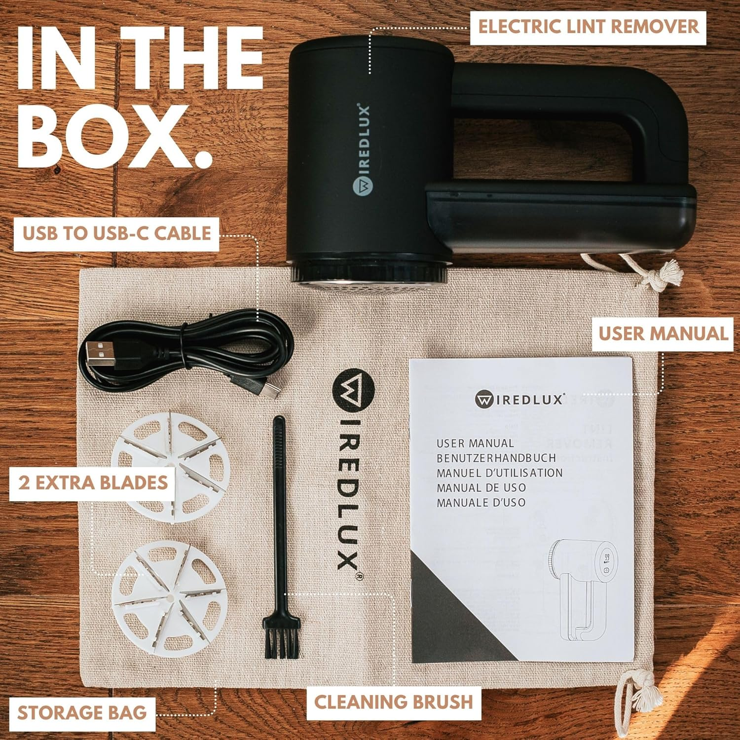 Electric Lint Remover Wiredlux - Rechargeable Fabric Shaver Bobble Remover for Clothes & Furniture - Adjustable 3-Speed, 6-Leaf Blade, LED Display, USB Charging (Black)