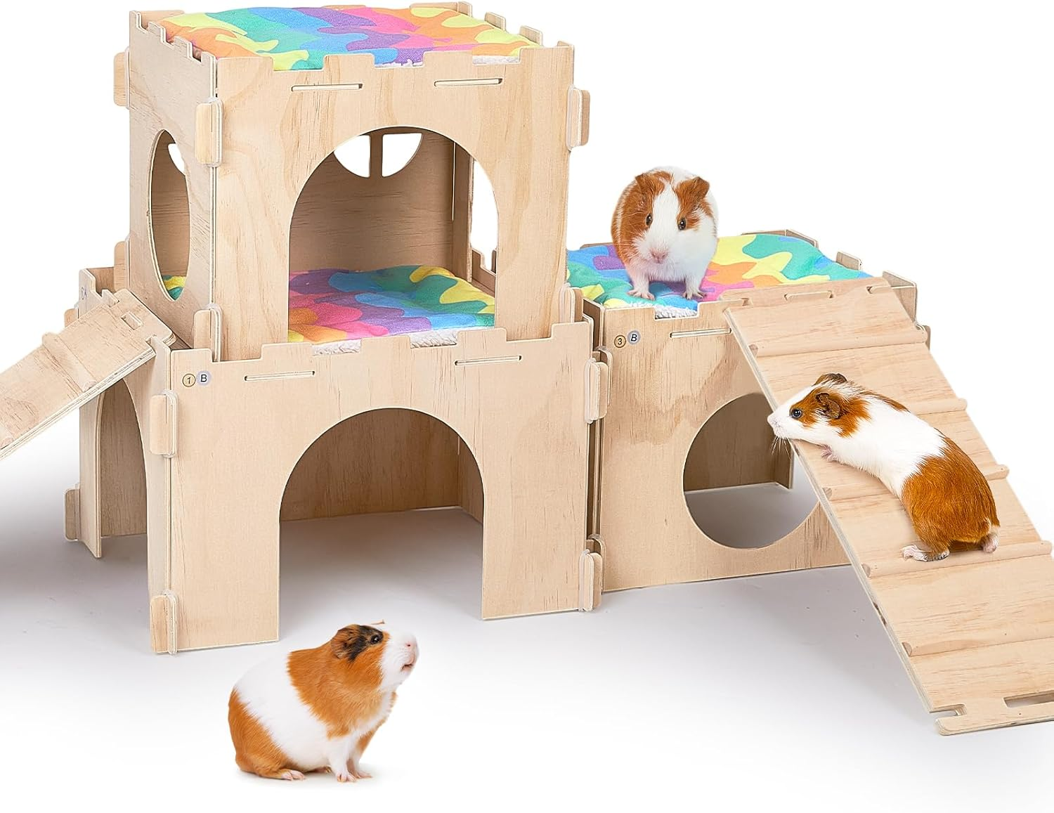 Guinea Pig Hideout, Guinea Pig House with Stairs and Mats Extra Large Guinea Pig Castle Detachable Hideouts for Small Animals Wooden Guinea Pig Habitats with Multiple Doors and Windows image number 6