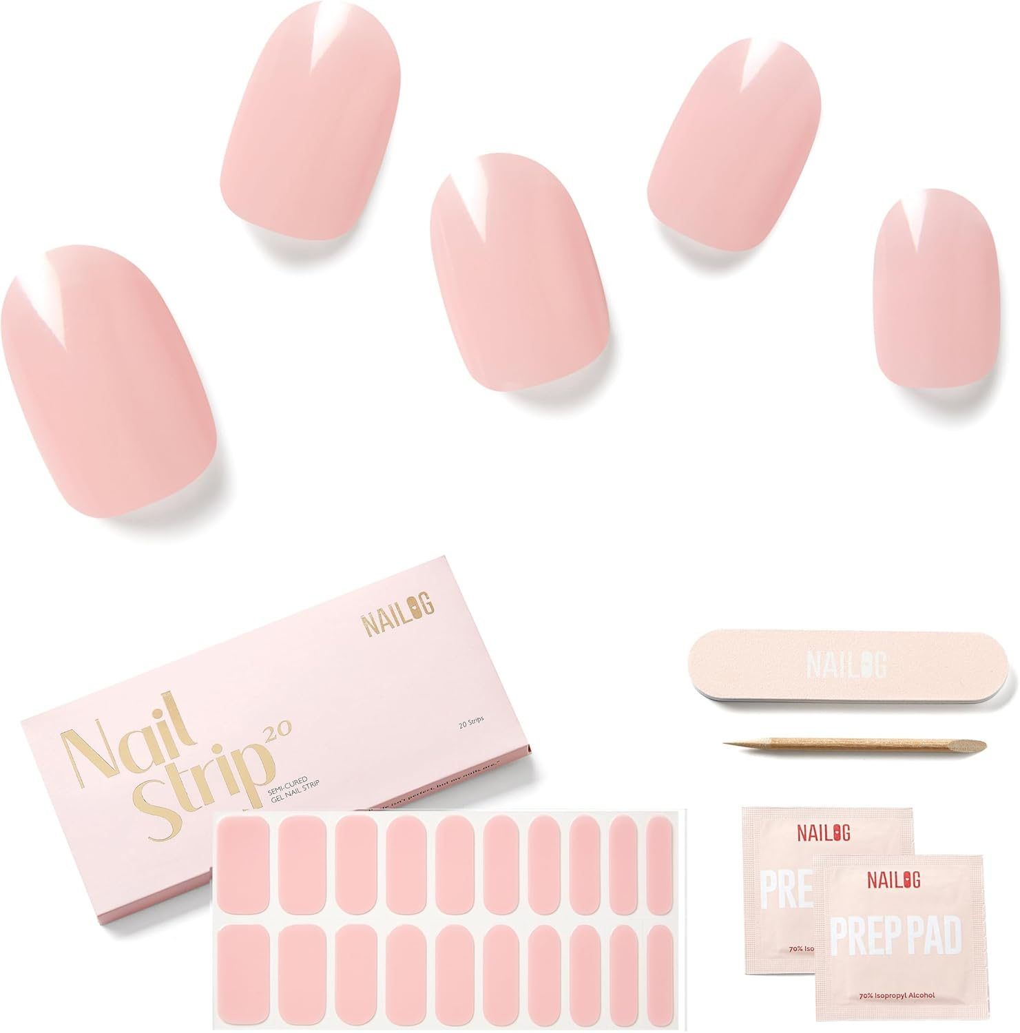 NAILOG Semi Cured Gel Nail Strips (20 Extra Long Stickers/Wraps) | Glossy & Long Lasting Soft Gel Finishing -Rosy Veil - Bicerin image number 3