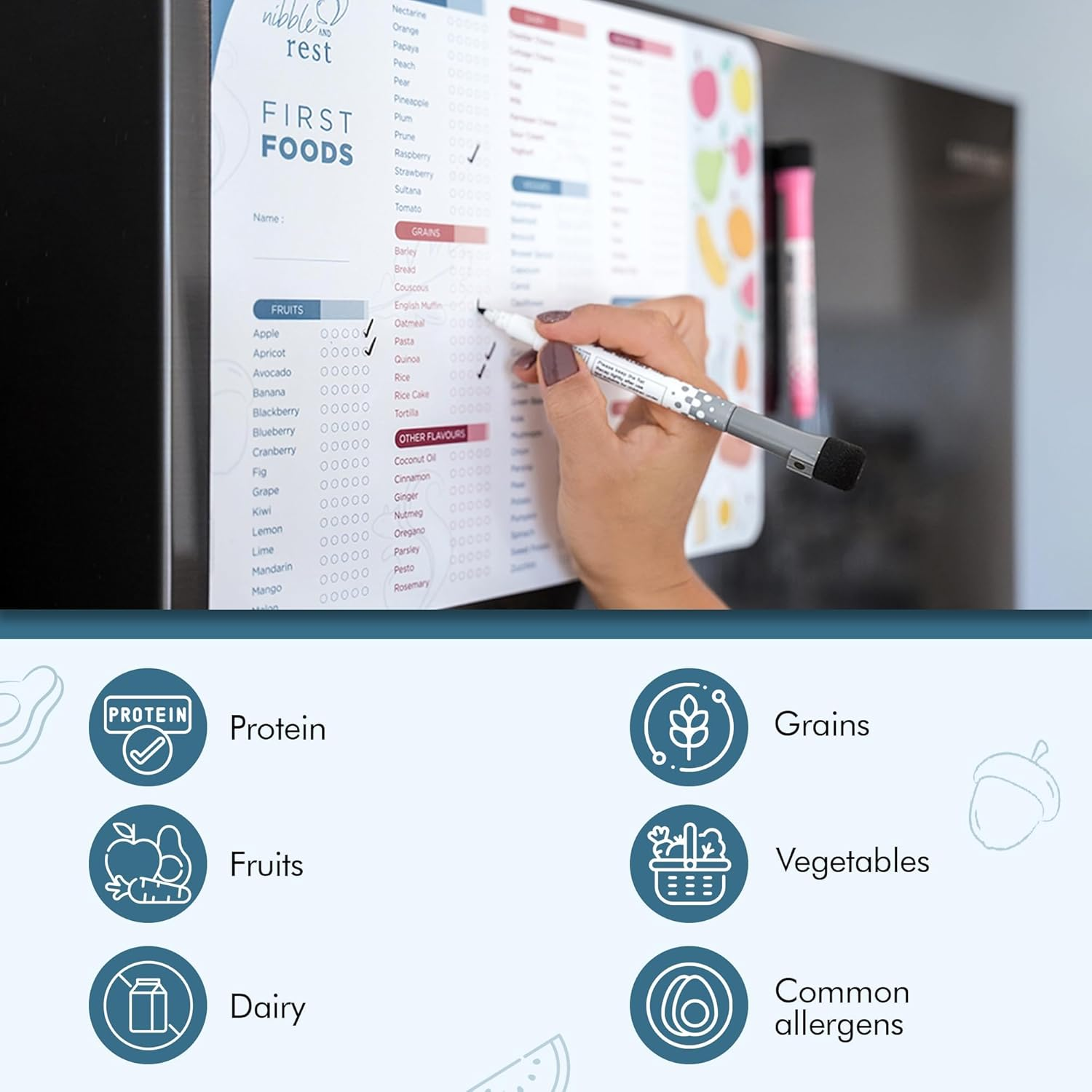 Nibble and Rest Baby'S First Foods Tracker Fridge Magnet, Dry Erase Activity Poster, Daily Food Log, 101 before One, Baby Food Chart/Checklist 25X35Cm image number 3