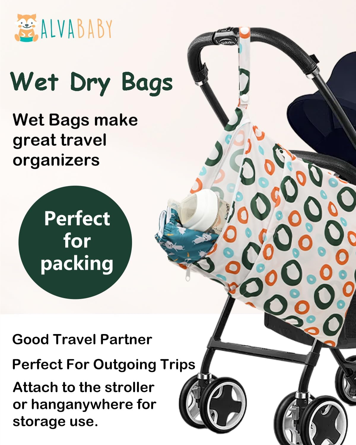 ALVABABY 3Pcs Cloth Diaper Wet Dry Bags Waterproof Reusable with Two Zippered Pockets Travel Beach Pool Daycare Soiled Baby Items Yoga Gym Bag for Swimsuits or Wet Clothes 3L-ZM35 image number 2