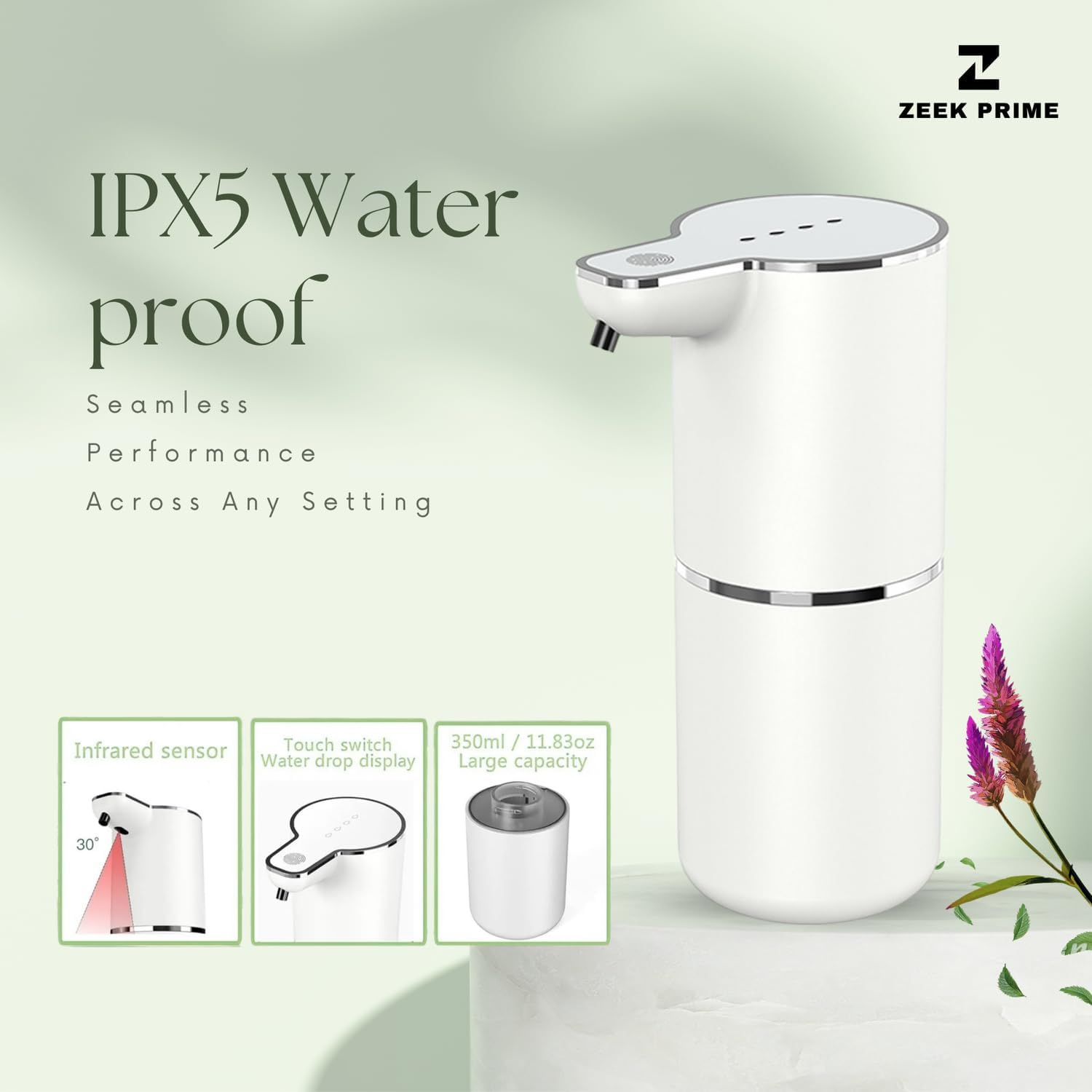 ZEEK PRIME - Auto Sensor Foam Soap Dispenser &ndash; Touchless Rechargeable Hand Soap Dispenser with 4-Speed Foam Control, USB Charging, 1200Mah Battery | Hands-Free Hygiene for Kitchen & Bathroom. image number 2