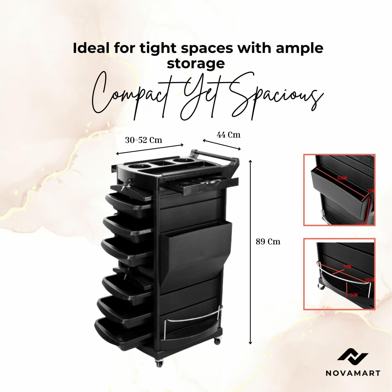 NOVAMART Hairdressing Trolley with 6 Lockable Trays & 2 Tray Holders &ndash; Salon Rolling Cart with Ample Storage, Easy Assembly & Multi-Compartment Design for Barber, Spa & Beauty Accessories