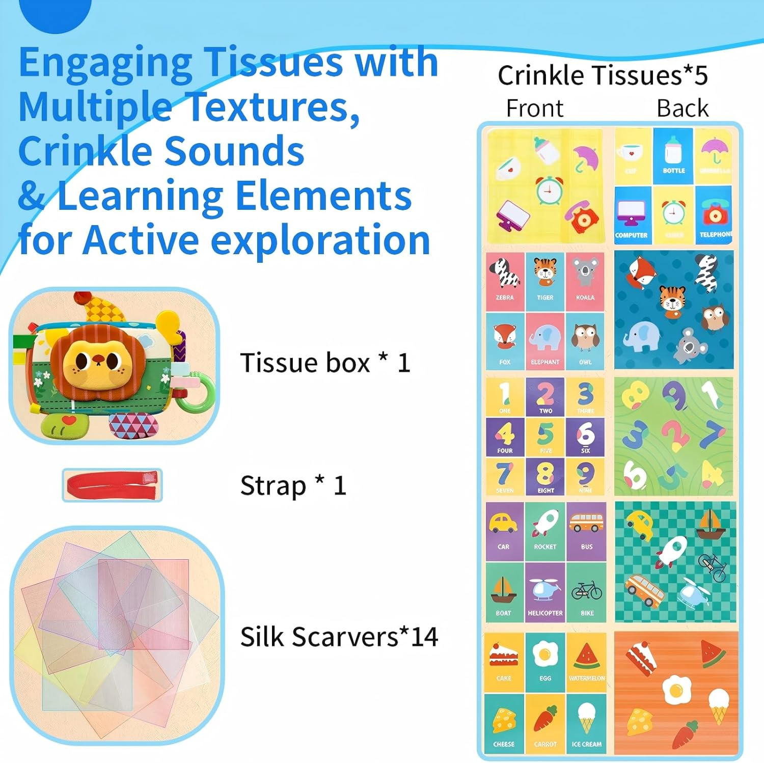 Baby Toys - Baby Tissue Box Toy, Montessori Toys for Toddlers 6-12 Months with Textured Tails, Cloth Tissues, Crinkle, Squeaky Sounds, Mirror - Gifts Play Silks Sensoy Scarves for Babies image number 5