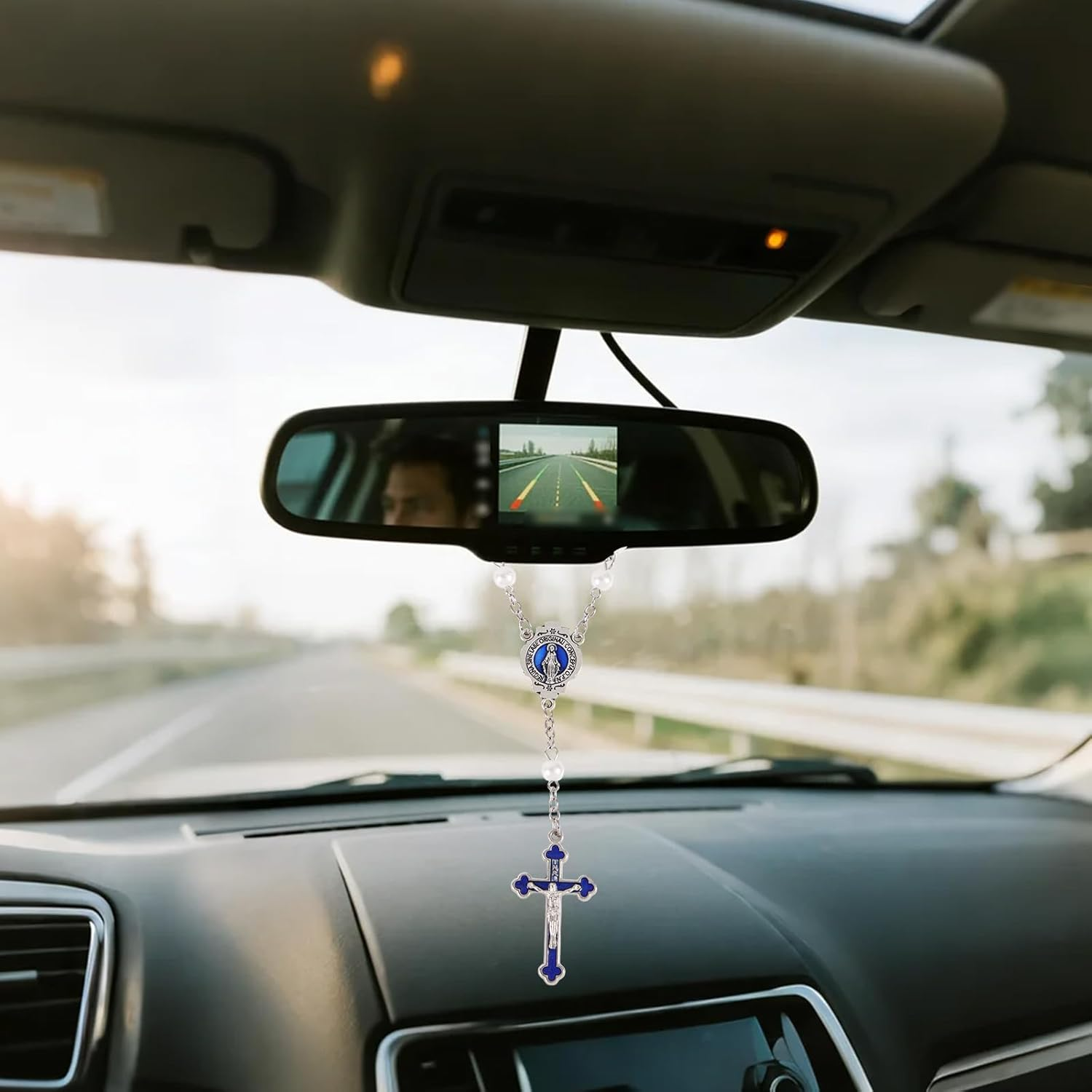 Steering Wheel Rosary Charm, Silver Catholic Car Accessory with Virgin Mary Crucifix and Pearls Rear View Mirror Hanging Ornament for Men & Women image number 3