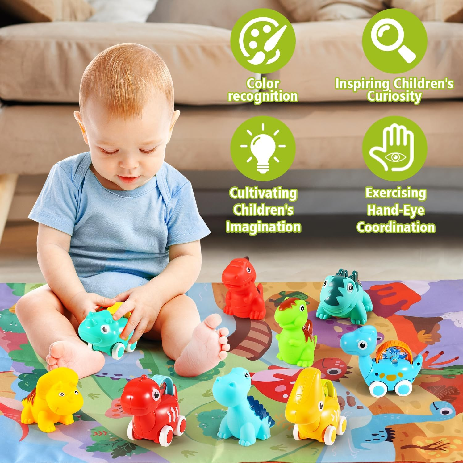 ALASOU 9 PCS Dinosaur Car Toys with Playmat/Storage Bag|Baby Car Toys for 1 Year Old Boy|1St Birthday Gifts Toddler Age 1-2|1 Year Old Boy Birthday Gift Infant 12 18 Months image number 3
