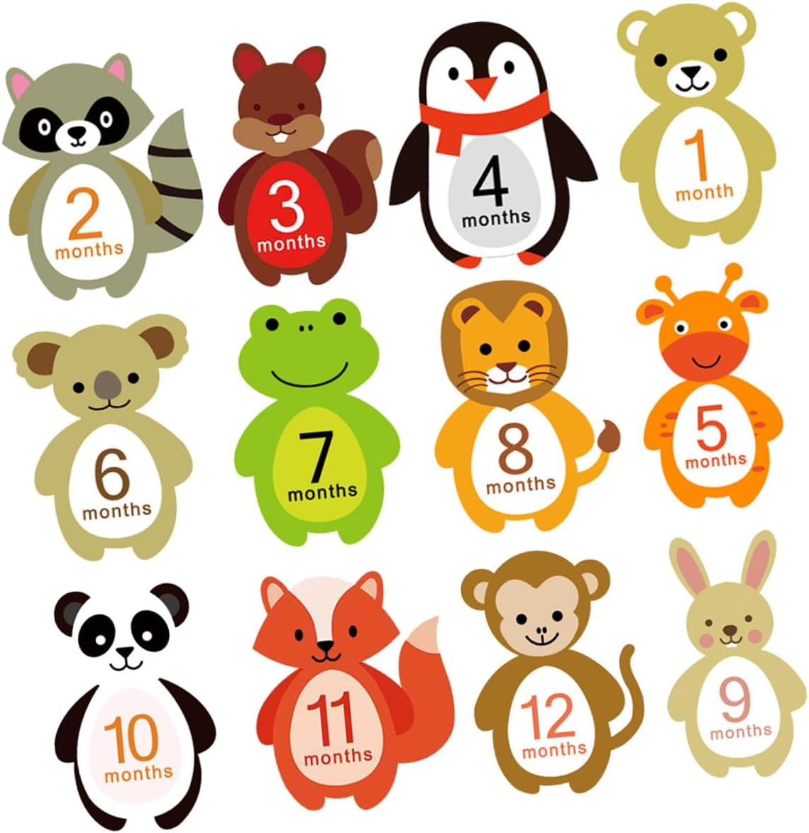 KOMBIUDA 12Pcs Monthly Stickers Animal Design Self-Adhesive Milestone Decals for Newborn Photography Props image number 6