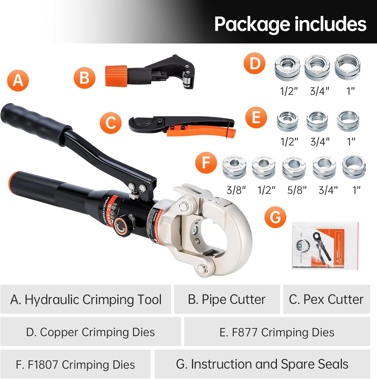 IBOSAD Hydraulic Copper Pipe Tube Fittings Crimping Tool With1/2,3/4,1" Dies for Copper Pipe and F877 Stainless PEX Press Sleeves,3/8",1/2",5/8",3/4",1" Dies for ASTM F1807 Pex Pipe Copper Ring image number 4