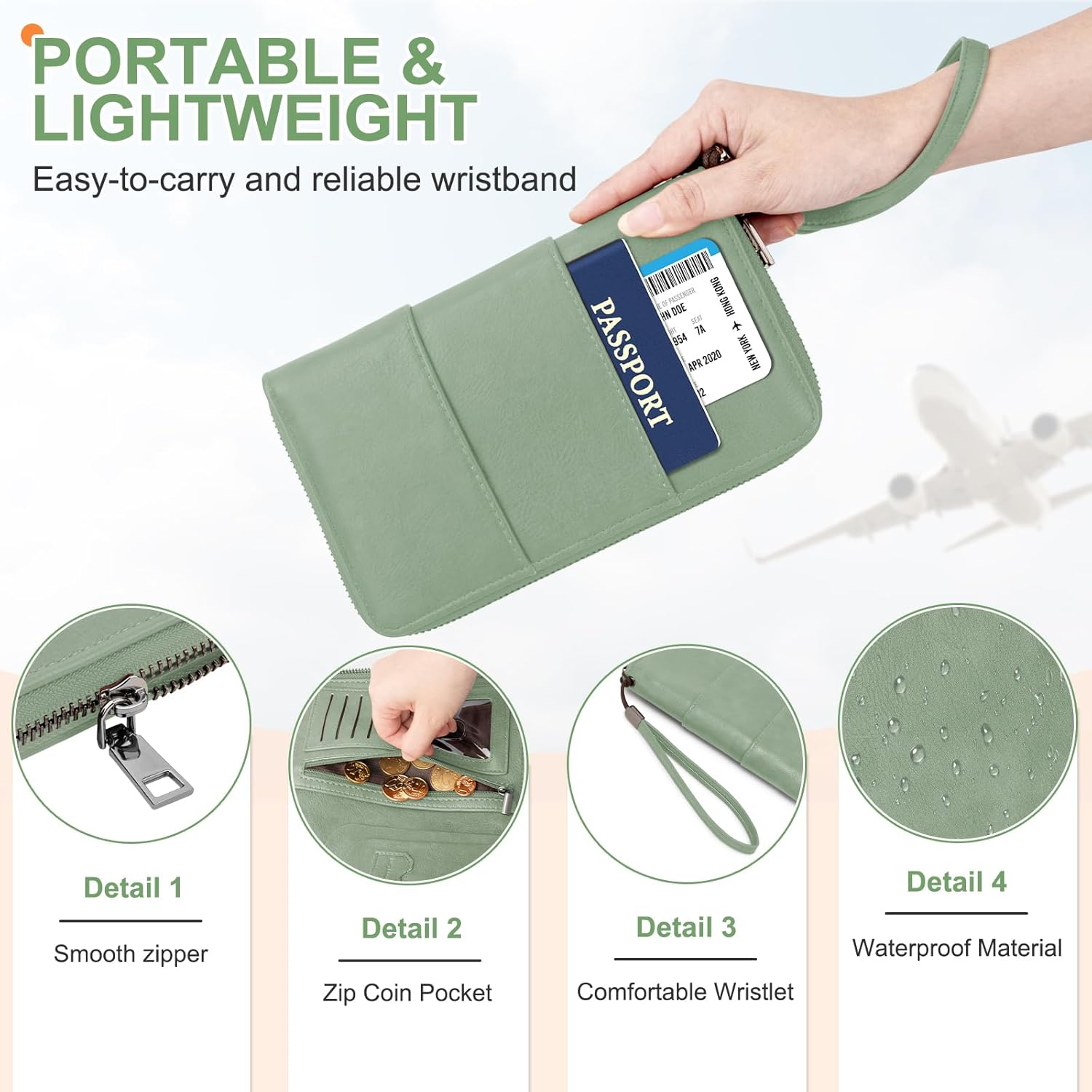 Family Passport Holder Wallet with Zipper, RFID Blocking Travel Document Organizer, PU Leather Passport Wallet for Women Men, Passport Cover Travel Wallet for Boarding Pass, ID, Money, Tickets, Light