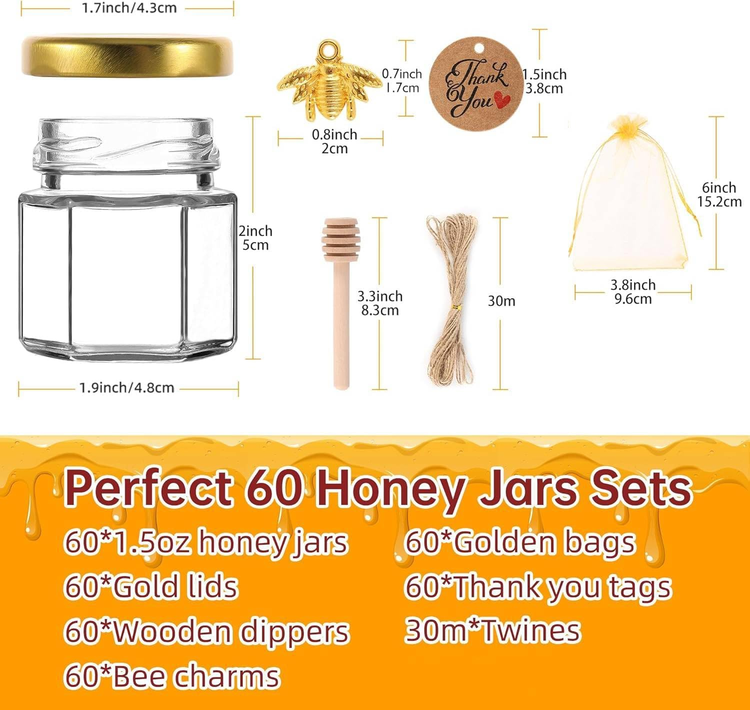 Mini Glass Honey Jars, 60 Pack 1.5 Oz Honey Jars, Hexagon Honey Container with Lid for Baby Shower Wedding Birthday Party Favors image number 2