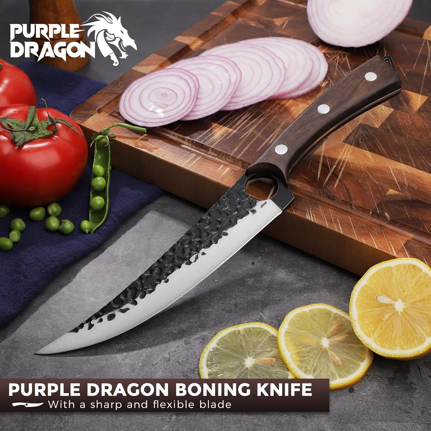Purple Dragon 7 Inch Boning Knife Hand Forged Fillet Knife Full Tang Chef Knife Meat Vegetable Cleaver High Carbon Steel Kitchen Knife for Fish Meat Deboning with Gift Box for Home Kitchen Restaurant