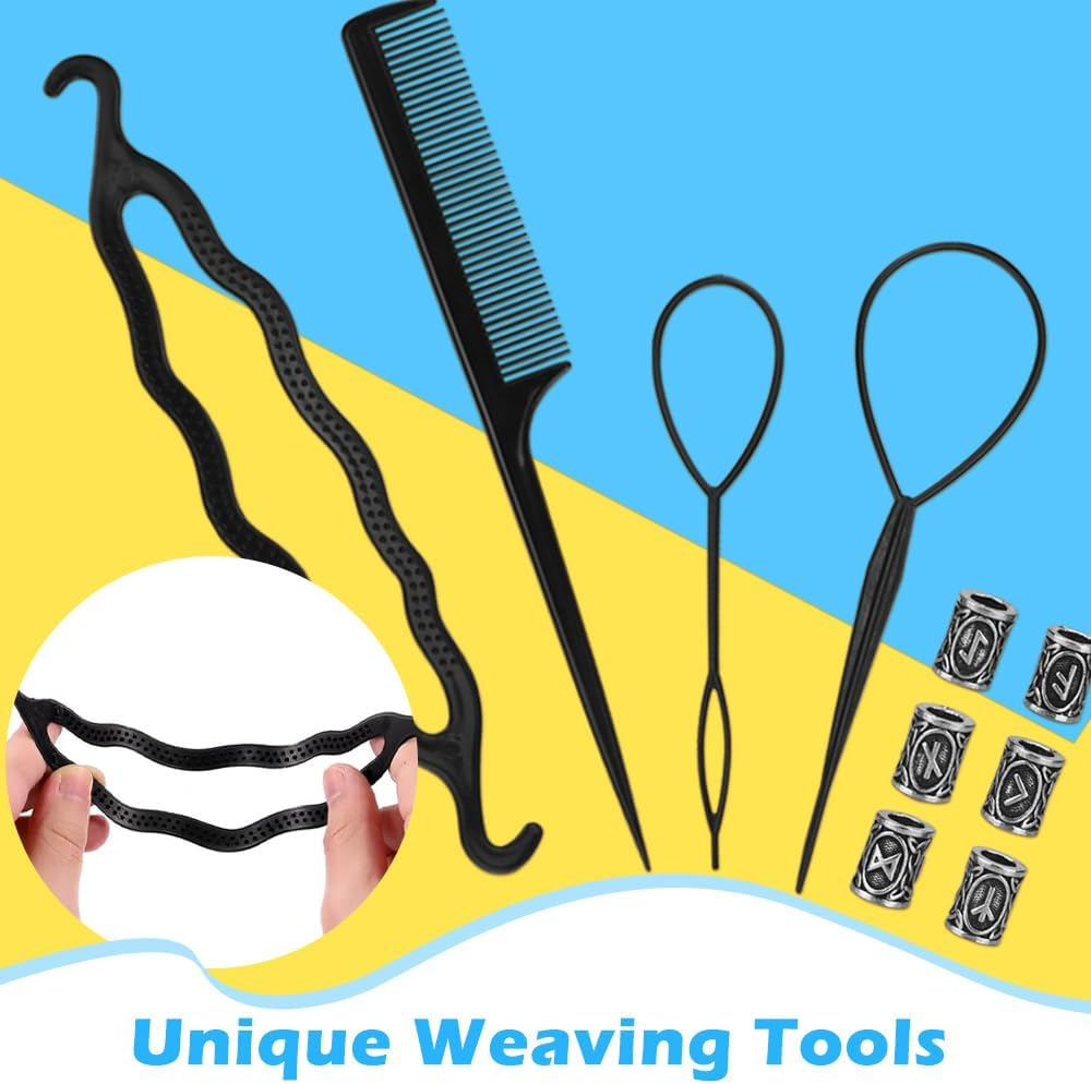 DECARETA Beard Beads for Men,24 Piece Vikings Runes Beads Norse Dreadlock Beads Hair Tube Beads with Rubber Bands,Plastic Bun Curler Pull Hair Pin Quick Beader with Pouch for Men Women Braiding Ties, image number 1