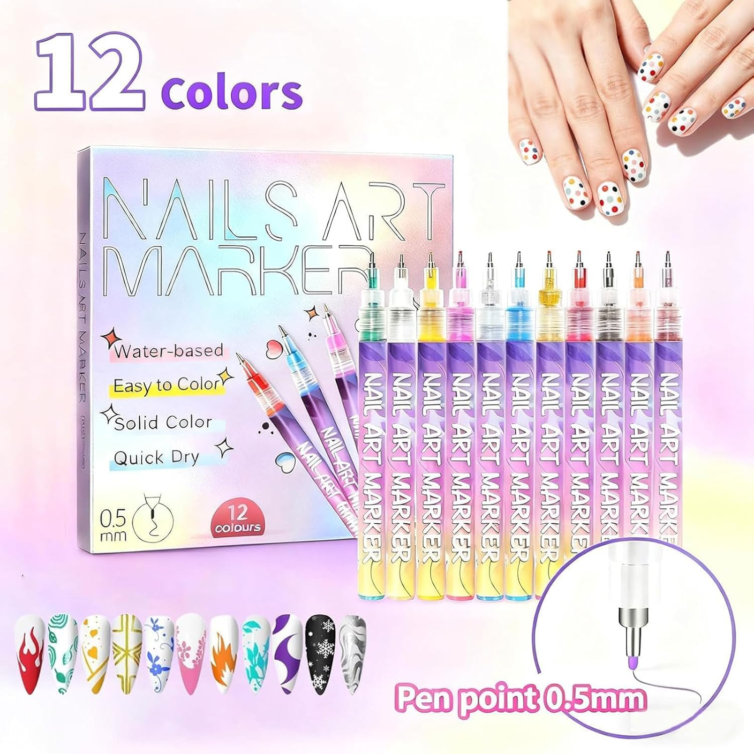 12 Colors Nail Art Pens Set, Nail Art Markers Polish Pen for 3D Nail Art, Drawing Painting Liner Brush for DIY Nail Art Beauty Adorn Manicure Tools image number 2
